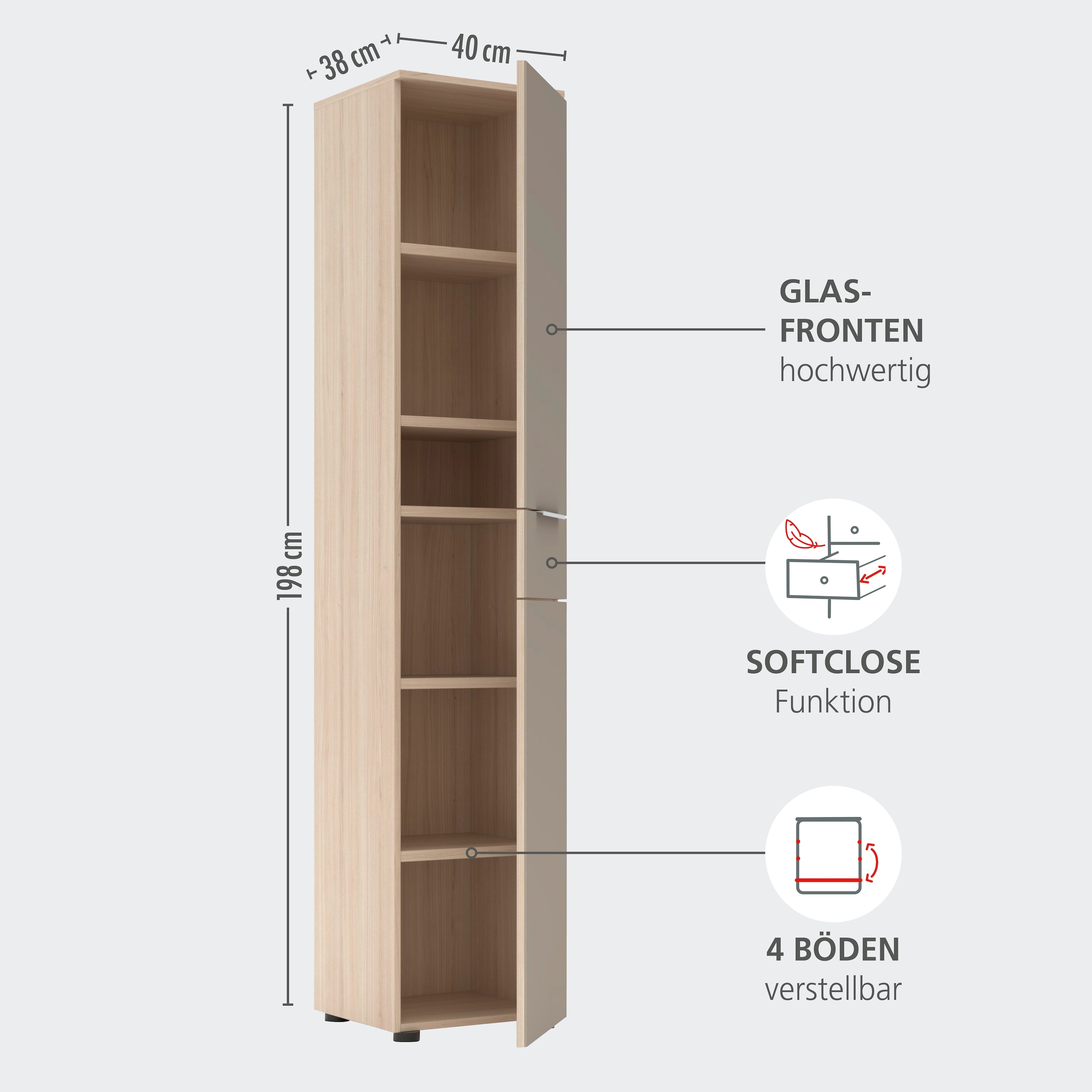 Innostyle Aktenschrank »Büroschrank Santorin, 40/198/38 cm ( B/H/T)« 1 Stk. tlg. 1 Tür links/rechts verwendbar, Softclose, Klarglas, ABS Schutzkante
