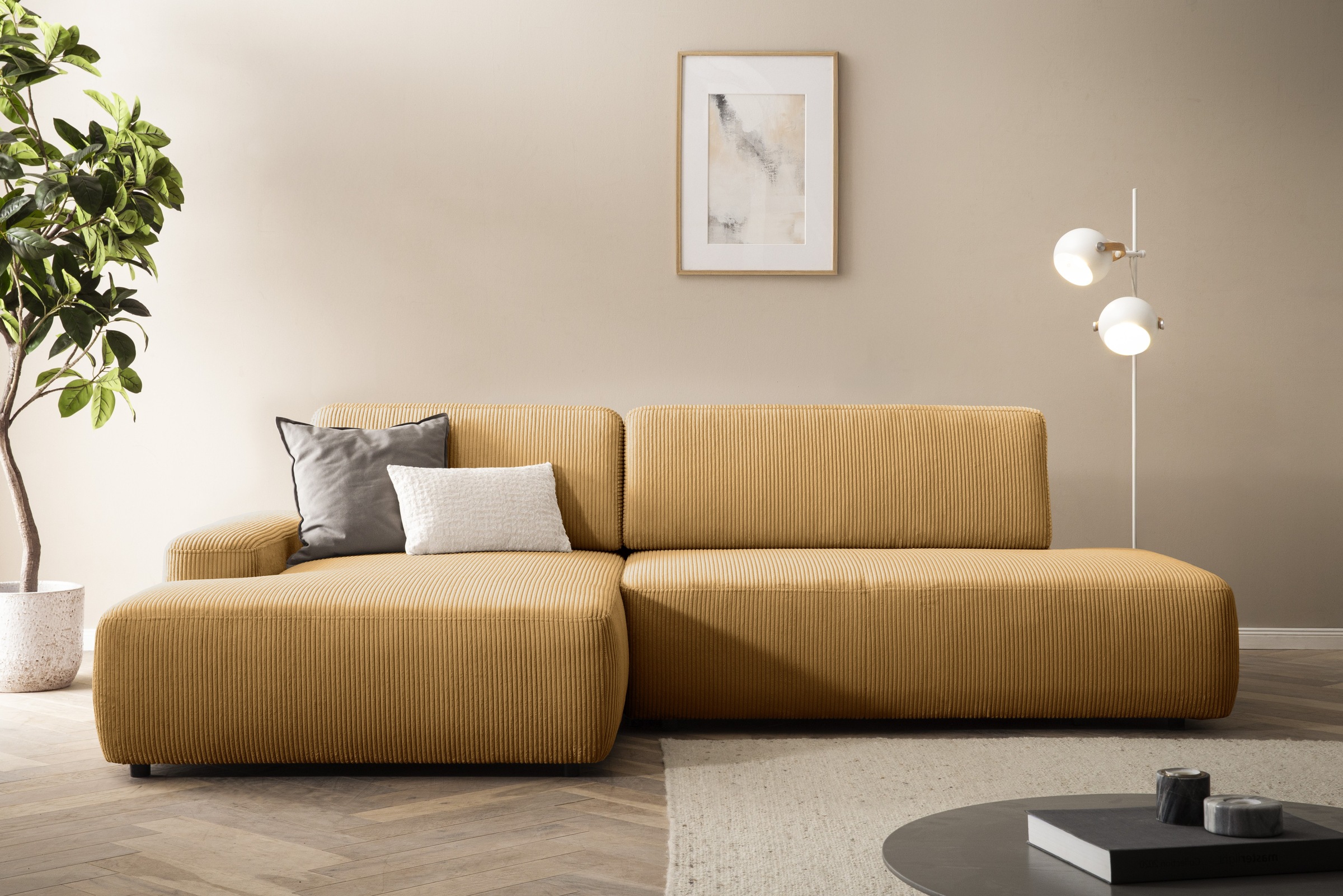 INOSIGN Ecksofa »TORGE, Schlafsofa Cord, Samtvelours u. Strukur fein, Couch in L-Form«, Schlaffunktion und Bettkasten, Liegefläche: 210x125 cm, neues Design