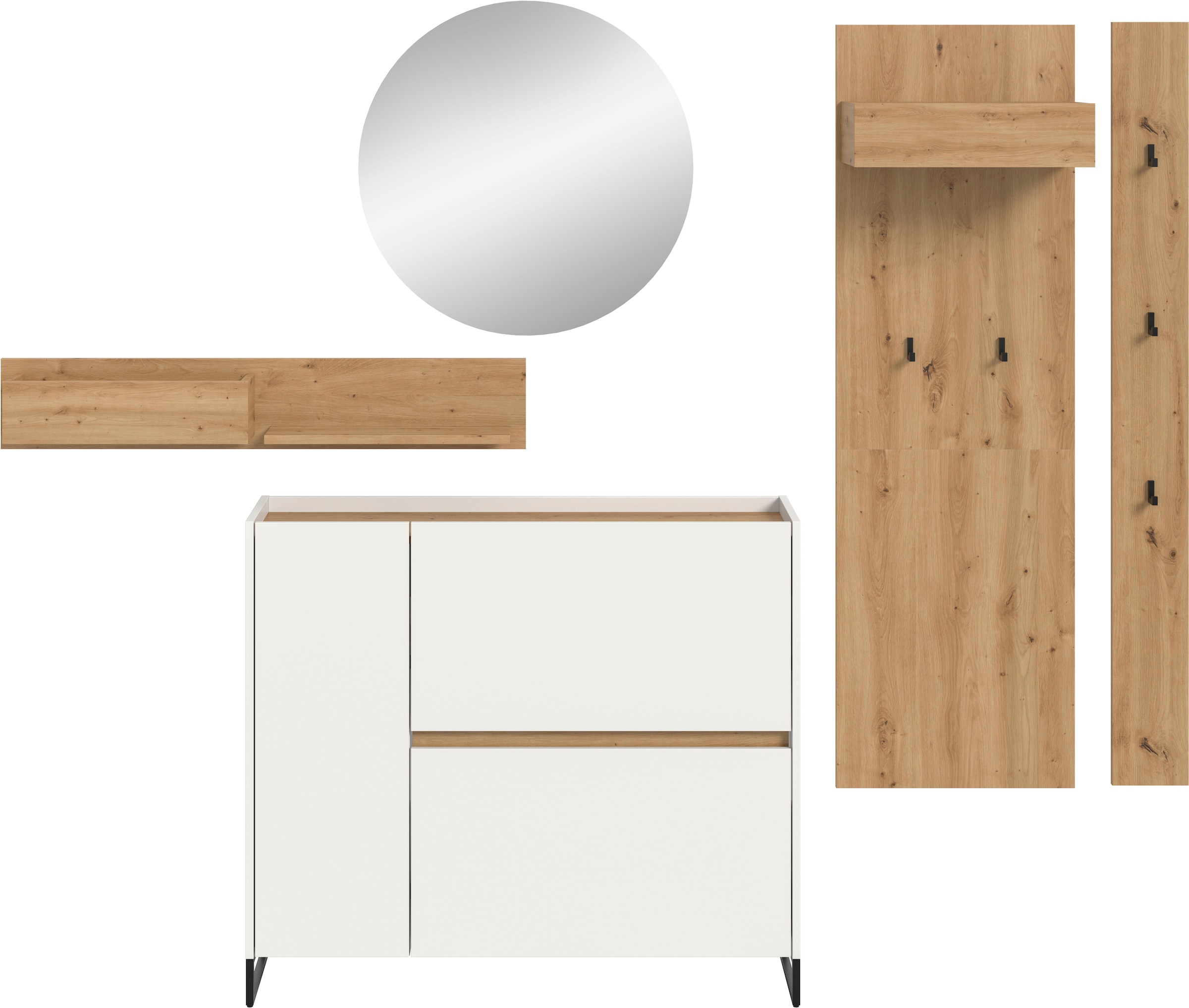 INOSIGN Garderoben-Set »EVRID, 5-teilig, Breite 236 cm, individuell stellbar & erweiterbar« best. aus.: Wandboard, Kommode, Spiegel, Garderobenpaneel, Hakenleiste, 5 Stk. tlg.