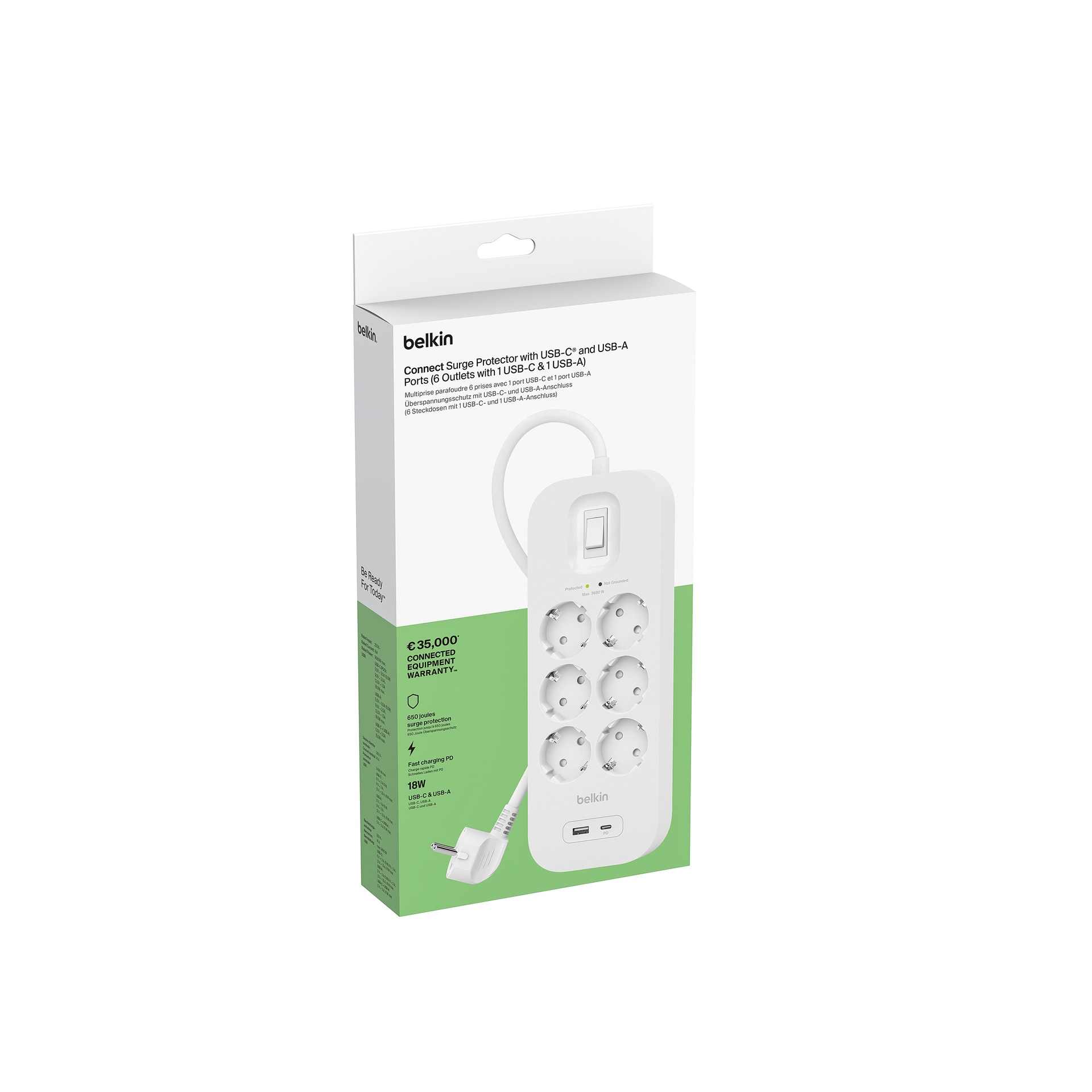 Belkin USB-Verteiler »Surge Plus Steckdosenleiste 6-Fach«, 18 Watt PD-Schnellladen