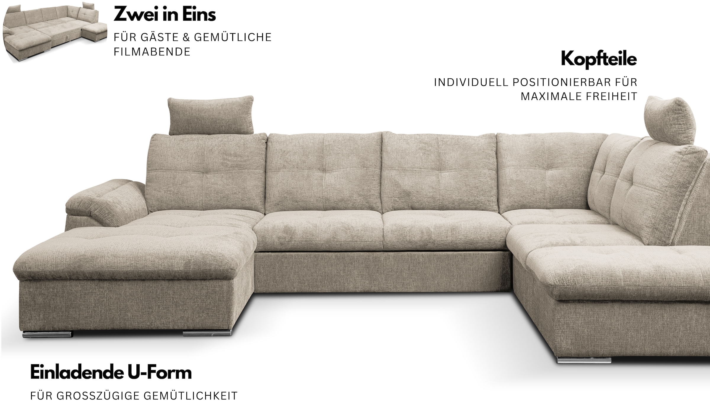 WERK2 Wohnlandschaft »Arena 339 cm breit mit Bett & Bettkasten, wahlw. mit 2 Kopfstützen« U-Form, XXL, Schlaffunktion, Bettkasten