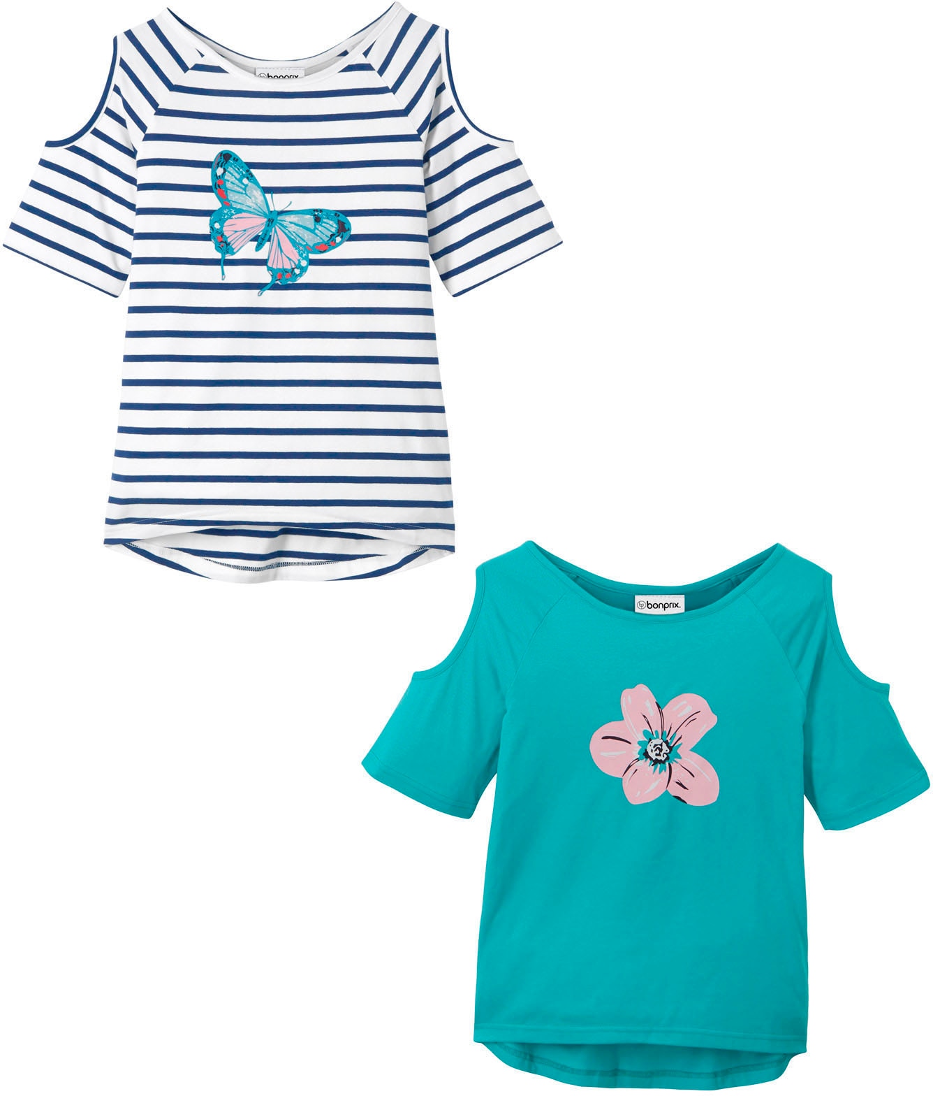 bonprix T-Shirt Packung, 2 Stk. regular fit Passform, Kurzarm, Cold-Shoulder-Design