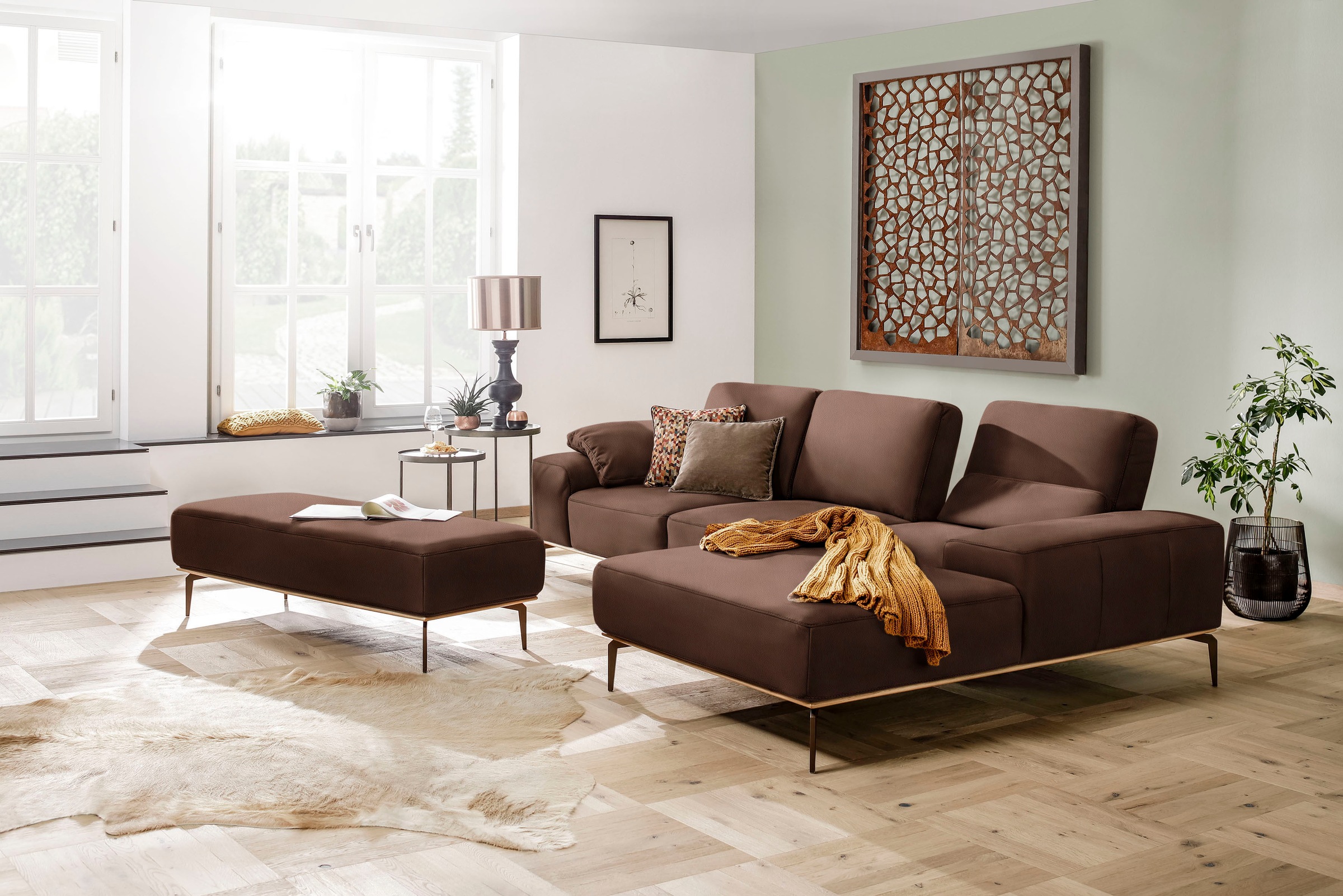 W.SCHILLIG Ecksofa »run, Designsofa mit tollem Sitzkomfort, L-Form«, mit Holzsockel, Füße in Bronze pulverbeschichtet, Breite 299 cm