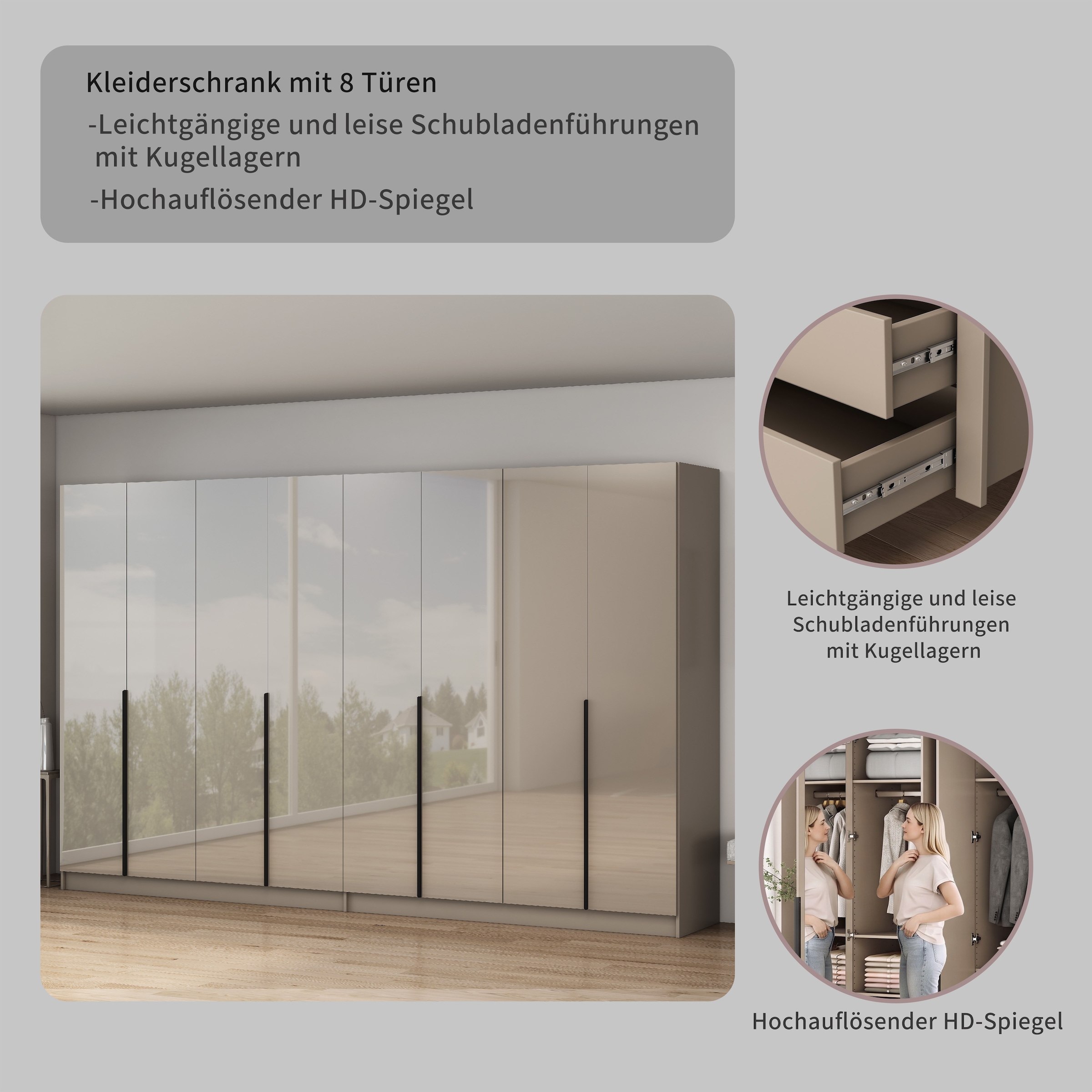 OTTO home Kleiderschrank »Annor Schlafzimmerschrank Breite 323 cm hochglanz Schrank Garderobe« Drehtürenschrank mit perfekter Innenausstattung - elegante Türgriffe