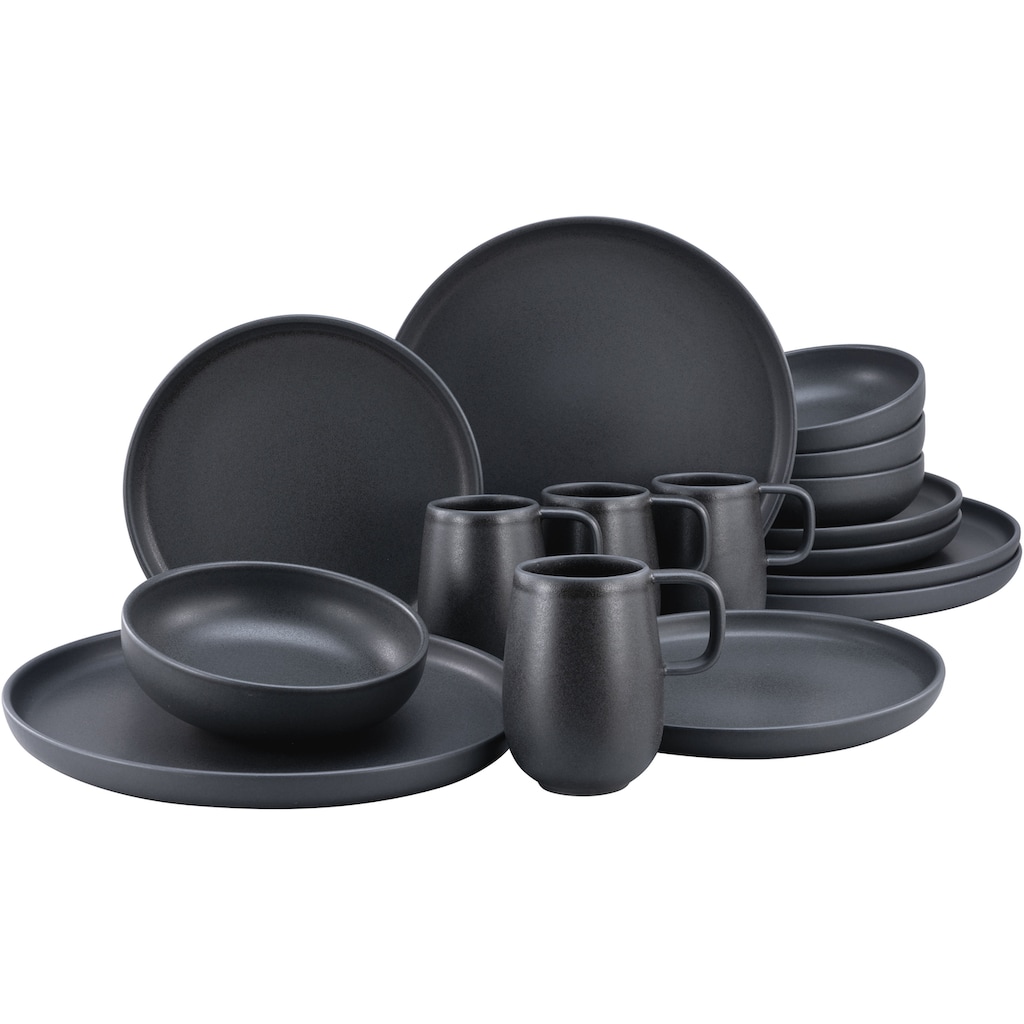 CreaTable Kombiservice »Geschirr-Set Uno Black«, (Set, 16 tlg., Kaffeeservice und Tafelservice im Set, für 4 Personen), Service, schwarz, seidenmatte Spezialglasur, M16 Teile, für 4 Personen