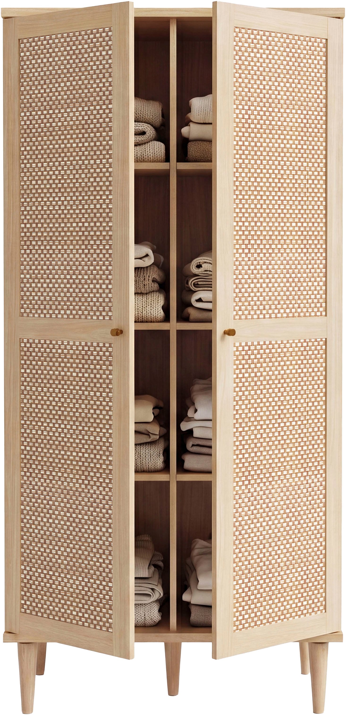 OTTO home Kleiderschrank »ELLIAN mit natürlicher Geflechtoptik und warmem Holzdekor« Holzfüße, Metallgriffe, Made in EU, viel Stauraum, FSC® zertifiziert
