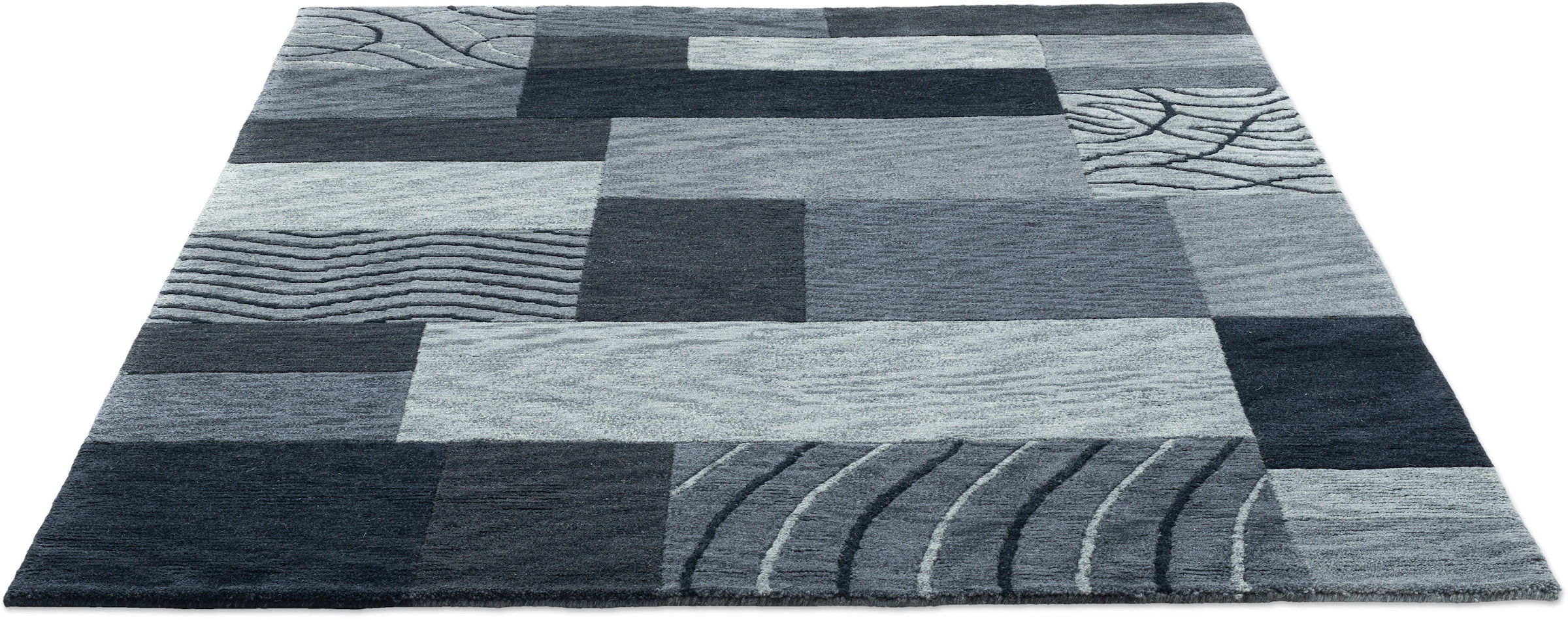 THEKO Wollteppich »Royal Domas 4028«, rechteckig, 14 mm Höhe, Kurzflor, reine Wolle, handgetuftet, modernes Patchwork Design