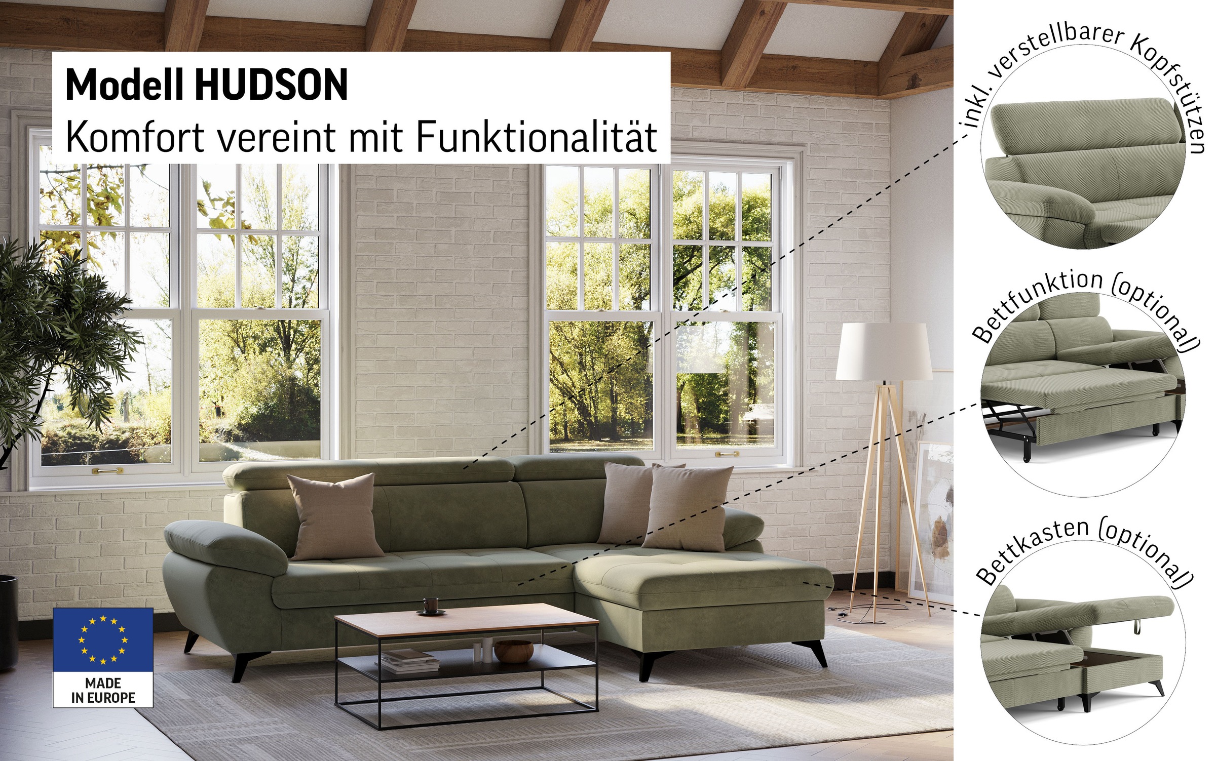 COTTA Ecksofa »Hudson L-Form«, mit Kopfteilverstellung, wahlweise mit Bettfunktion & Bettkasten