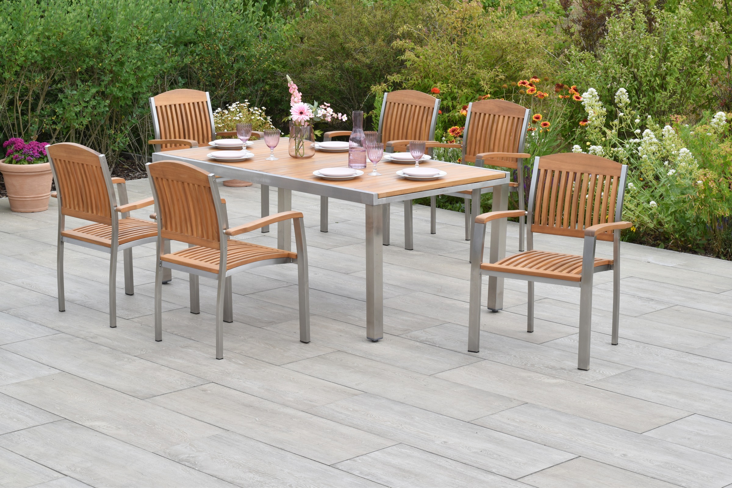 MERXX Garten-Essgruppe »»Keros««, (Set, 7 tlg., Geöltes Akazienholz, Edelstahlgestell), Ausziehtisch: LxB: 180-240 x 100 cm
