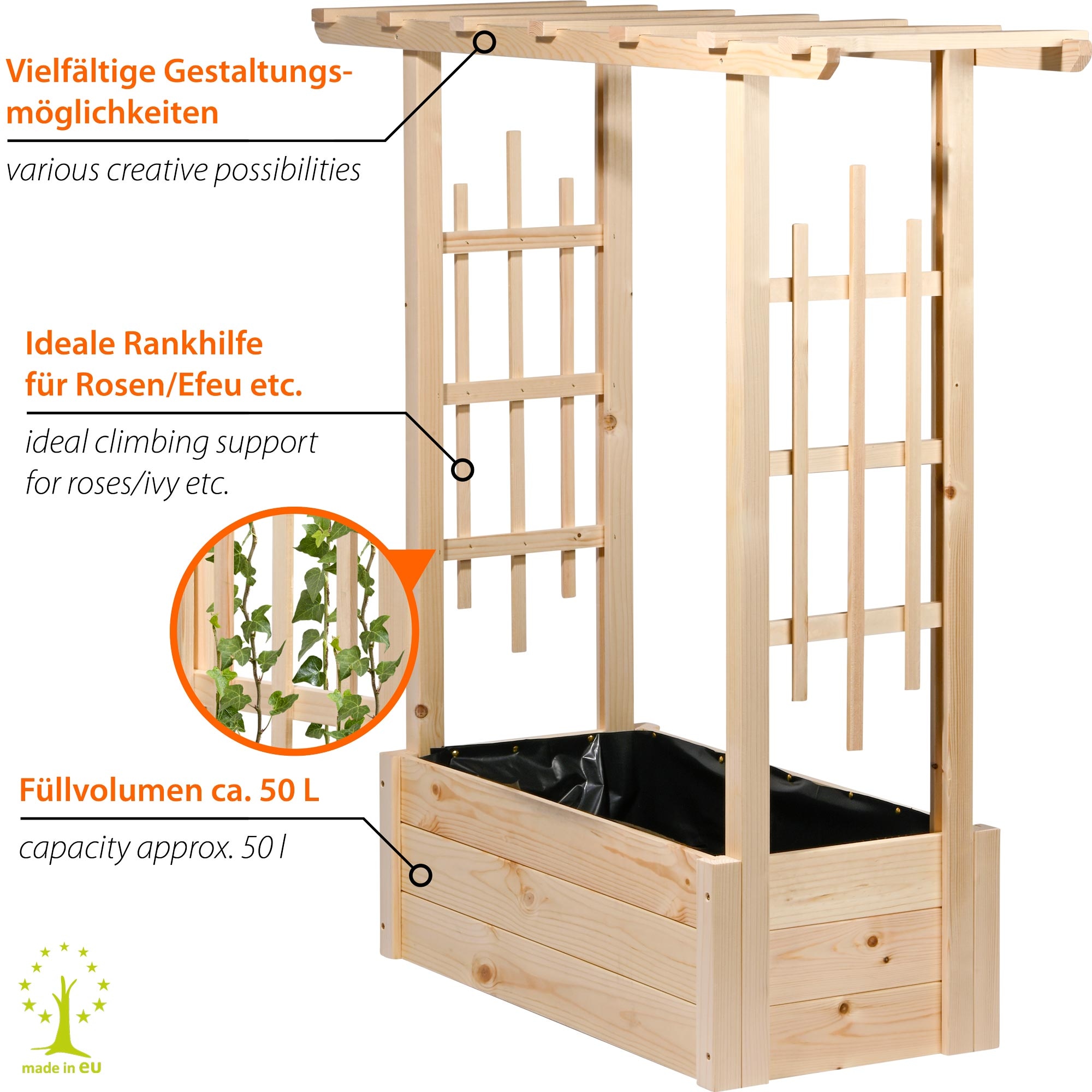 dobar Hochbeet »Pflanzkasten "Pergola" aus Holz, Natur« Der Rankkasten ist ca. 117 x 39 x 119 cm (LxBxH) groß und ca. 9,86 kg