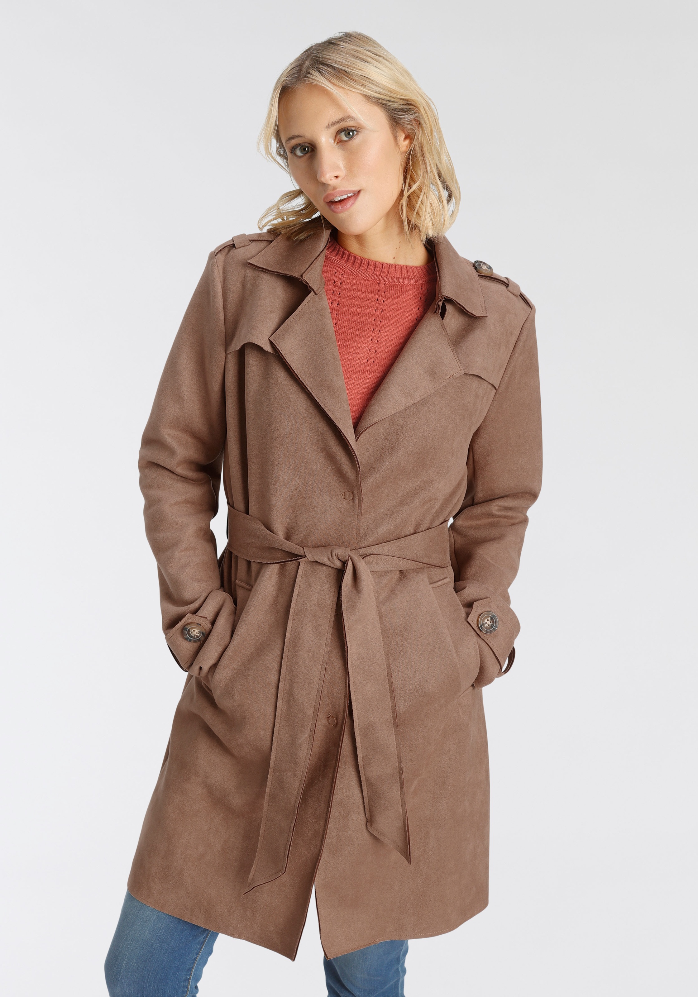 Amber & June Trenchcoat, (mit Bindegürtel), mit verdeckter Druckknopfleiste, aus weichem Velourlederimitat