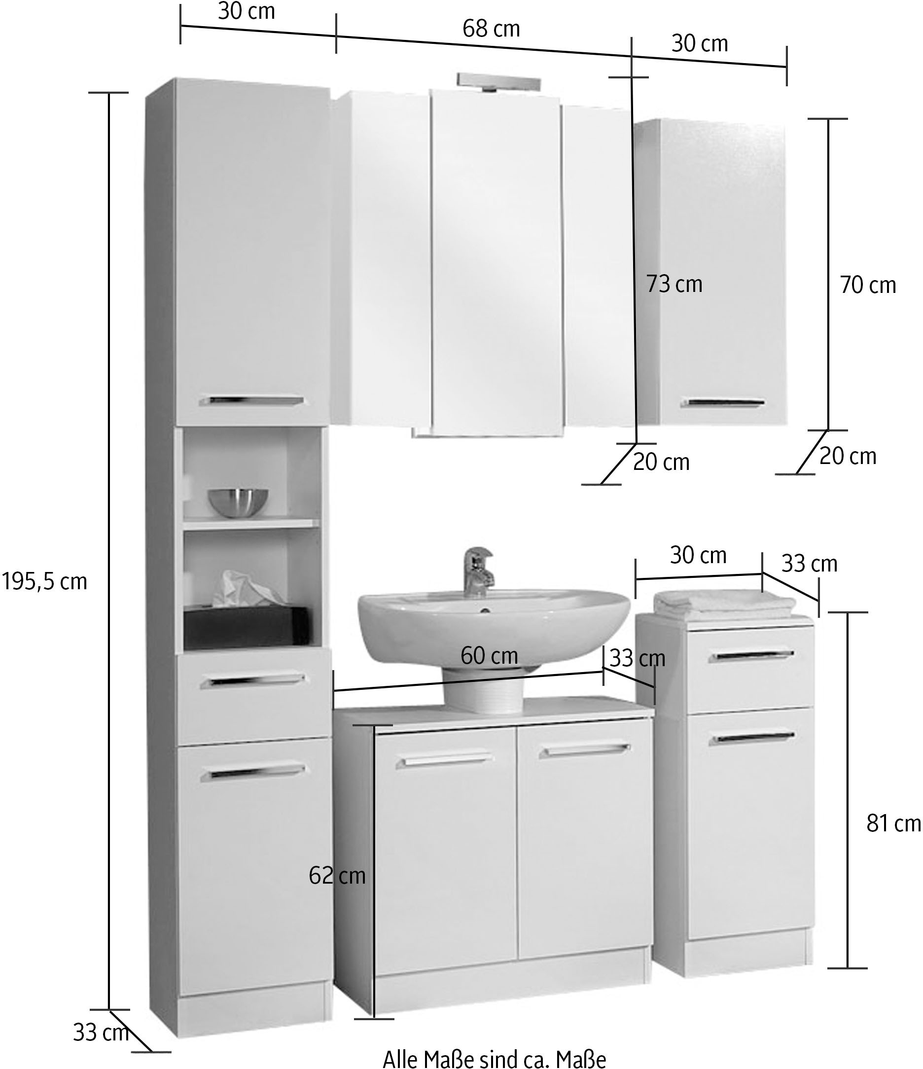 Saphir Badmöbel-Set »Quickset 335 5-teilig, Waschbeckenunterschrank mit LED-Spiegelschrank«, (5 St.), Hochschrank, Unterschrank, Hängeschrank, inkl. Türdämpfer, 9 Türen