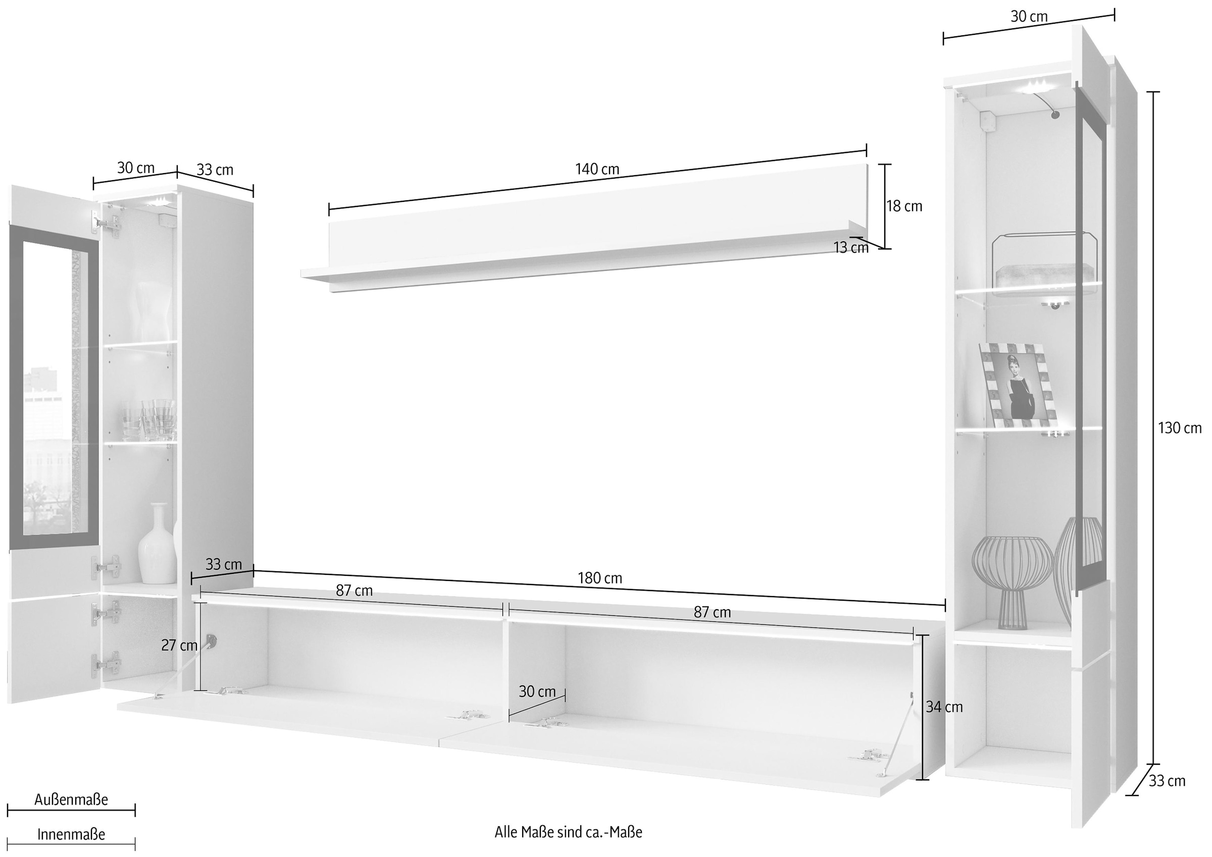 INOSIGN Wohnwand »VERA II«, (Komplett-Set, 4 St.), Mediawand 260 cm, Vitrine mit Verglasung, stehend und hängend