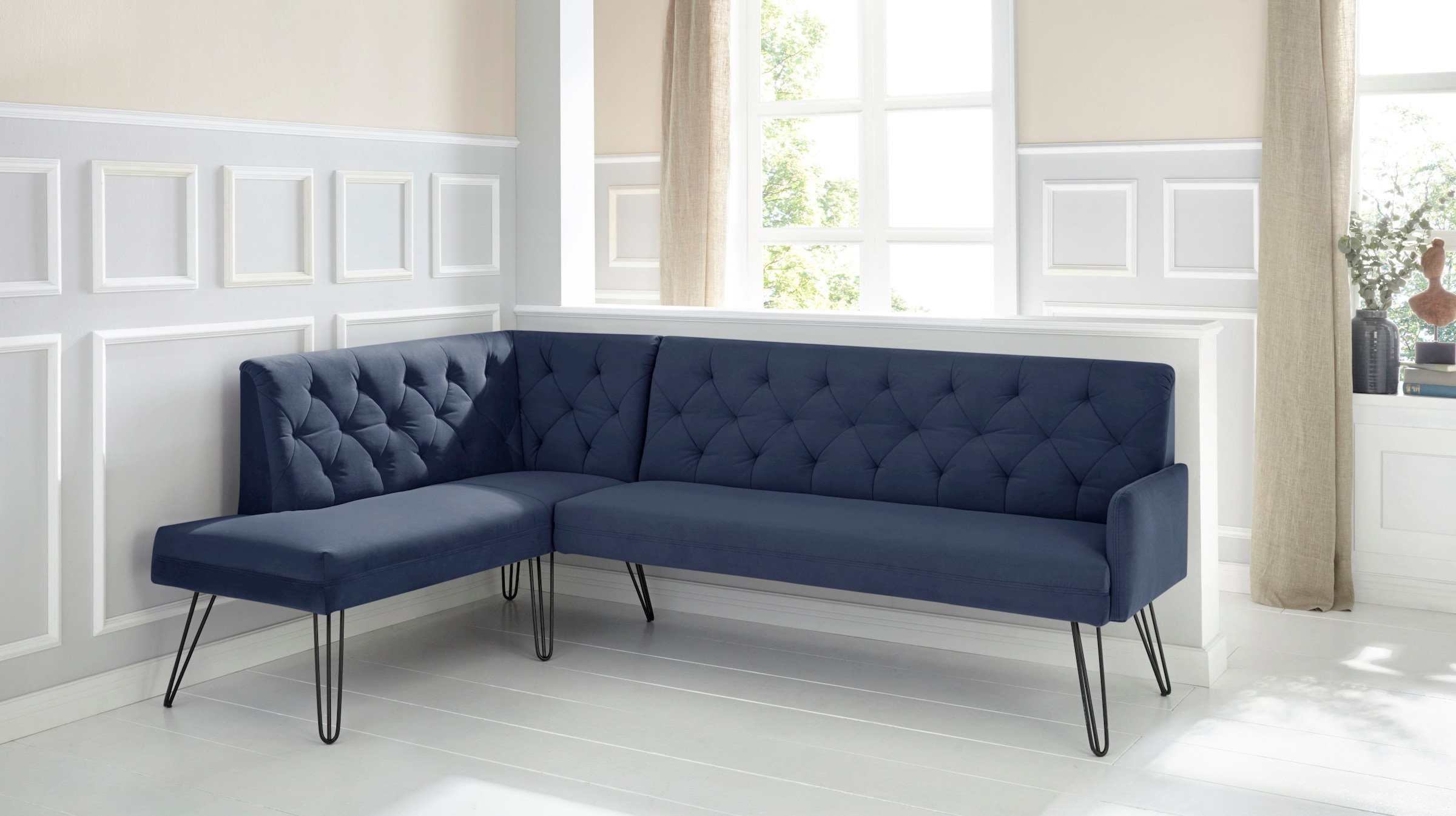 exxpo - sofa fashion Eckbank »Doppio, Chesterfield Optik, komfortabel und bequem, hohe Designfüße«, Frei im Raum stellbar