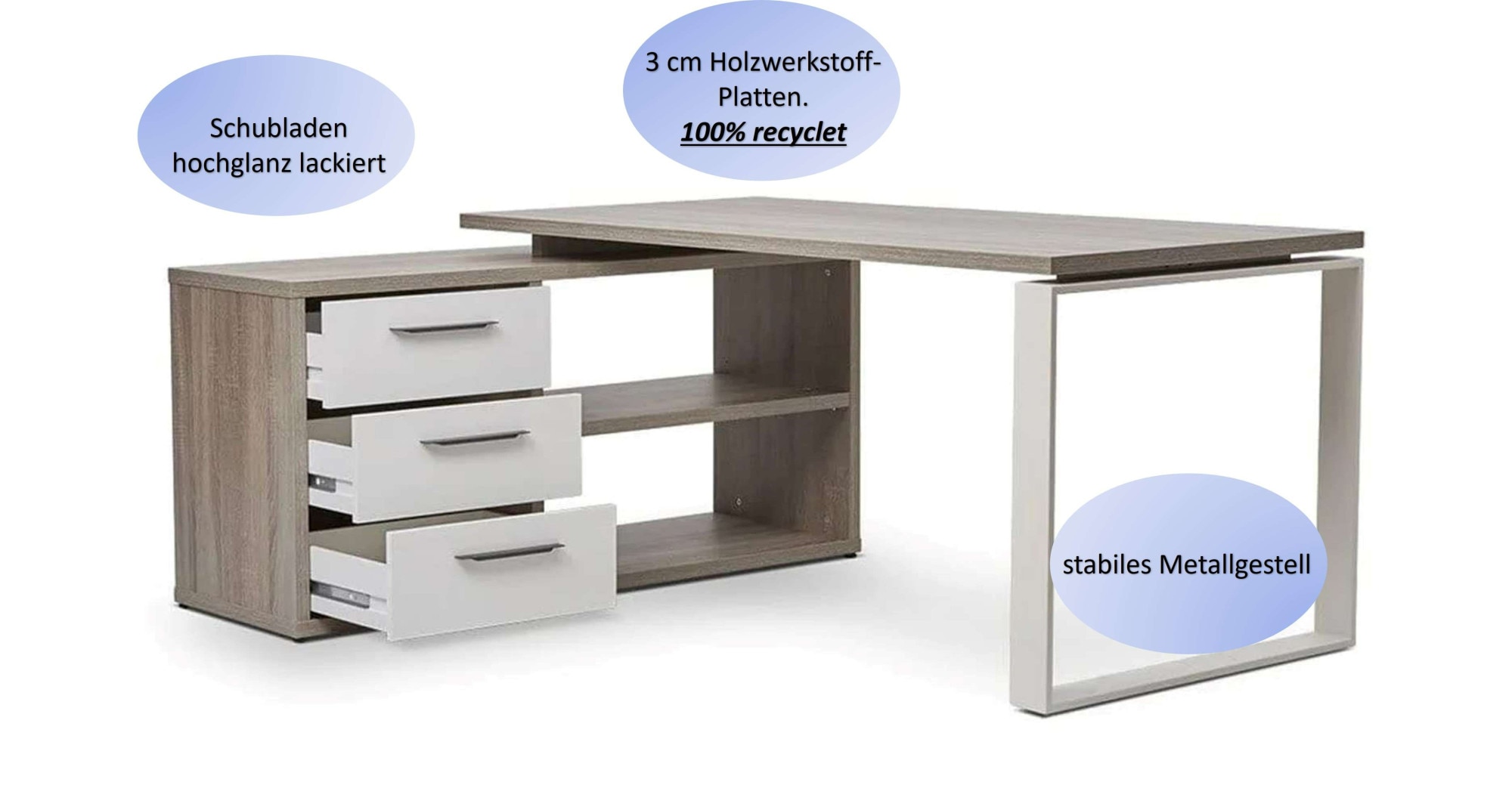 Composad Eckschreibtisch »DISEGNO, Regalschreibtisch, 3 Schubladen & zwei offene Fächer,«, 3 cm Plattenstärke, 170x140 cm, 100% recyceltes Holz, Made in Italy