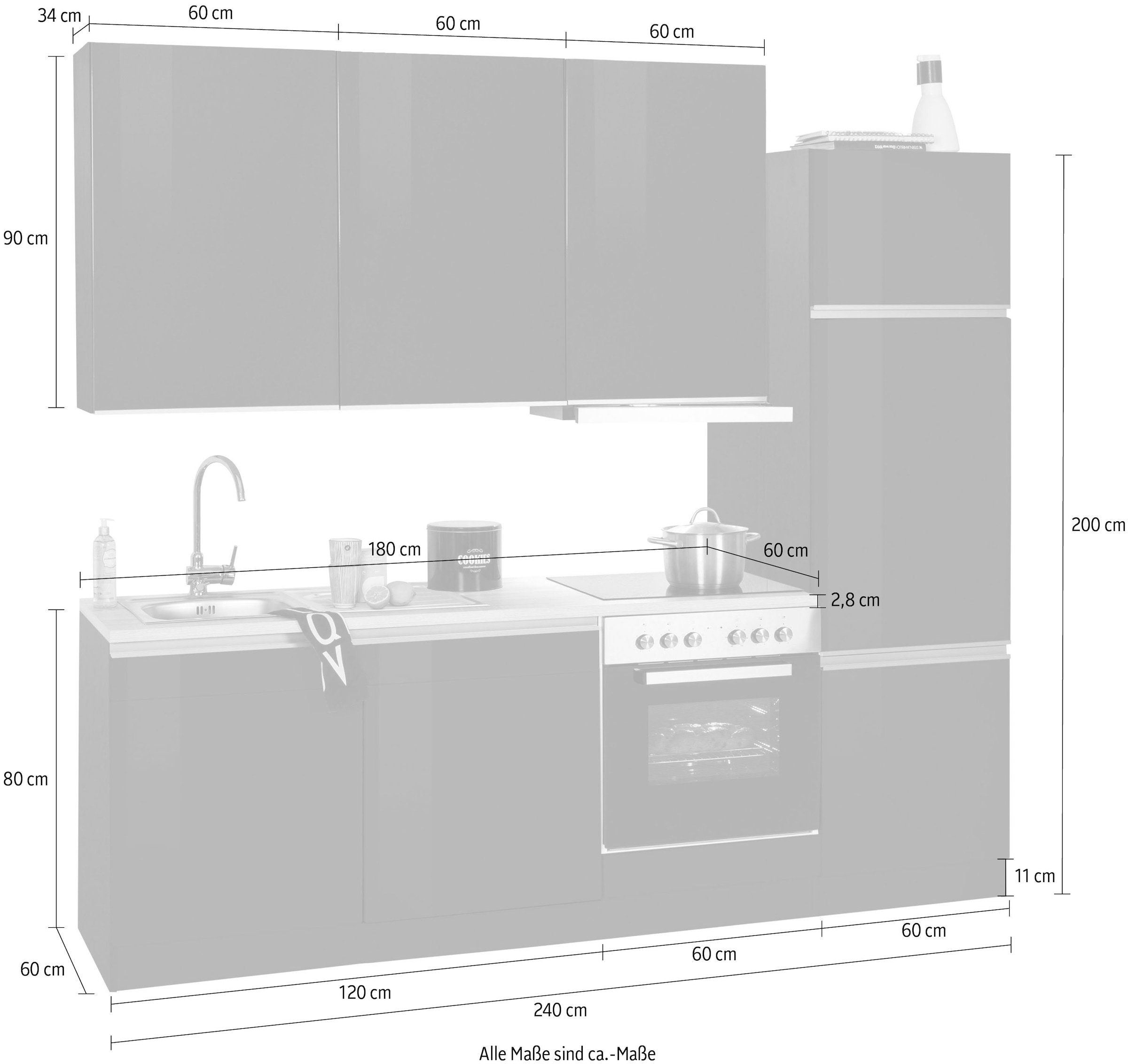 KOCHSTATION Küchenzeile »KS-Ohio«, mit E-Geräten, Breite 240 cm