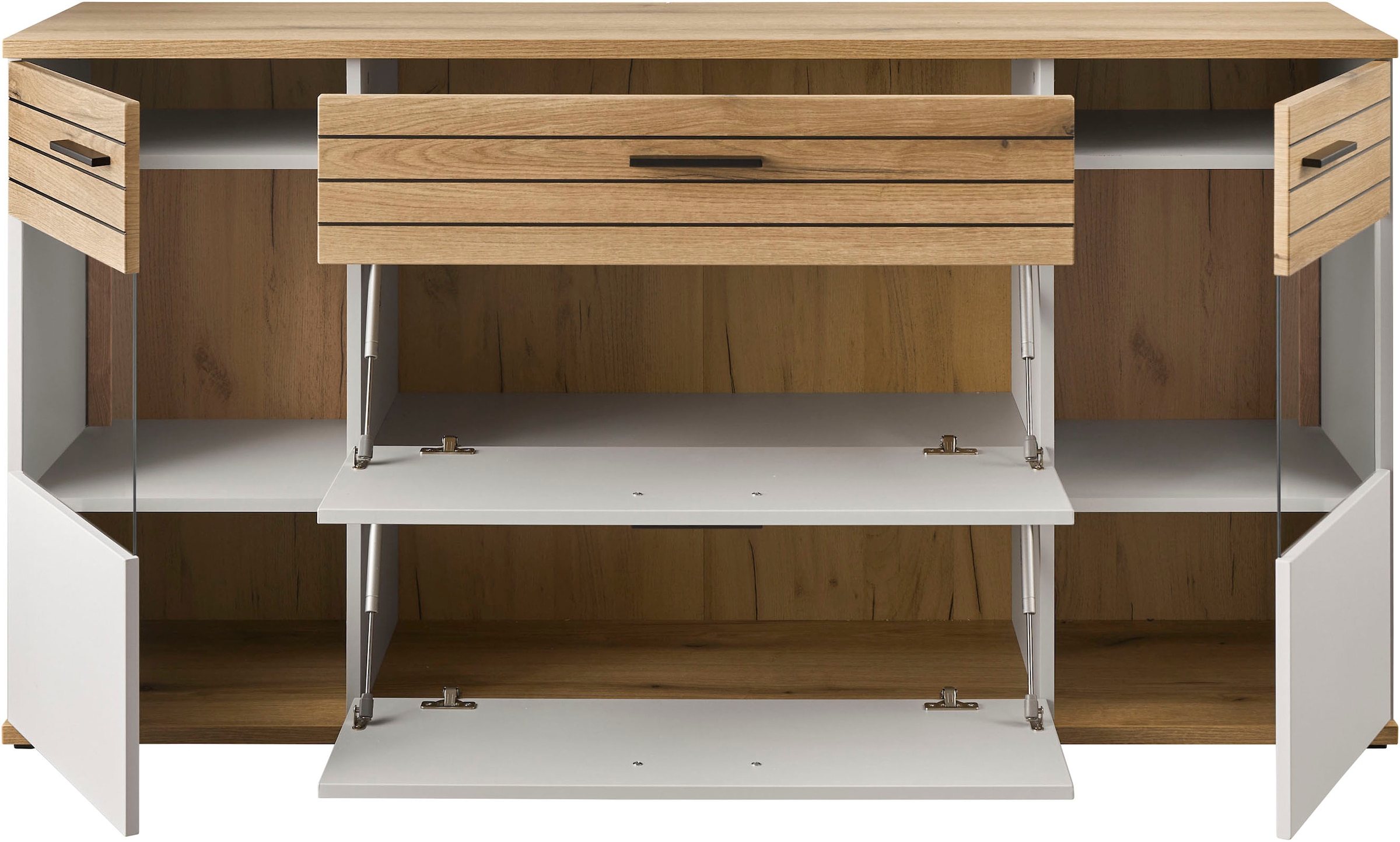 set one by Musterring Sideboard »Quincy« 1 Stk. tlg. Mit Glasausschnitt und LED, in Anthrazit/Lichtgrau erhältlich, 160 cm