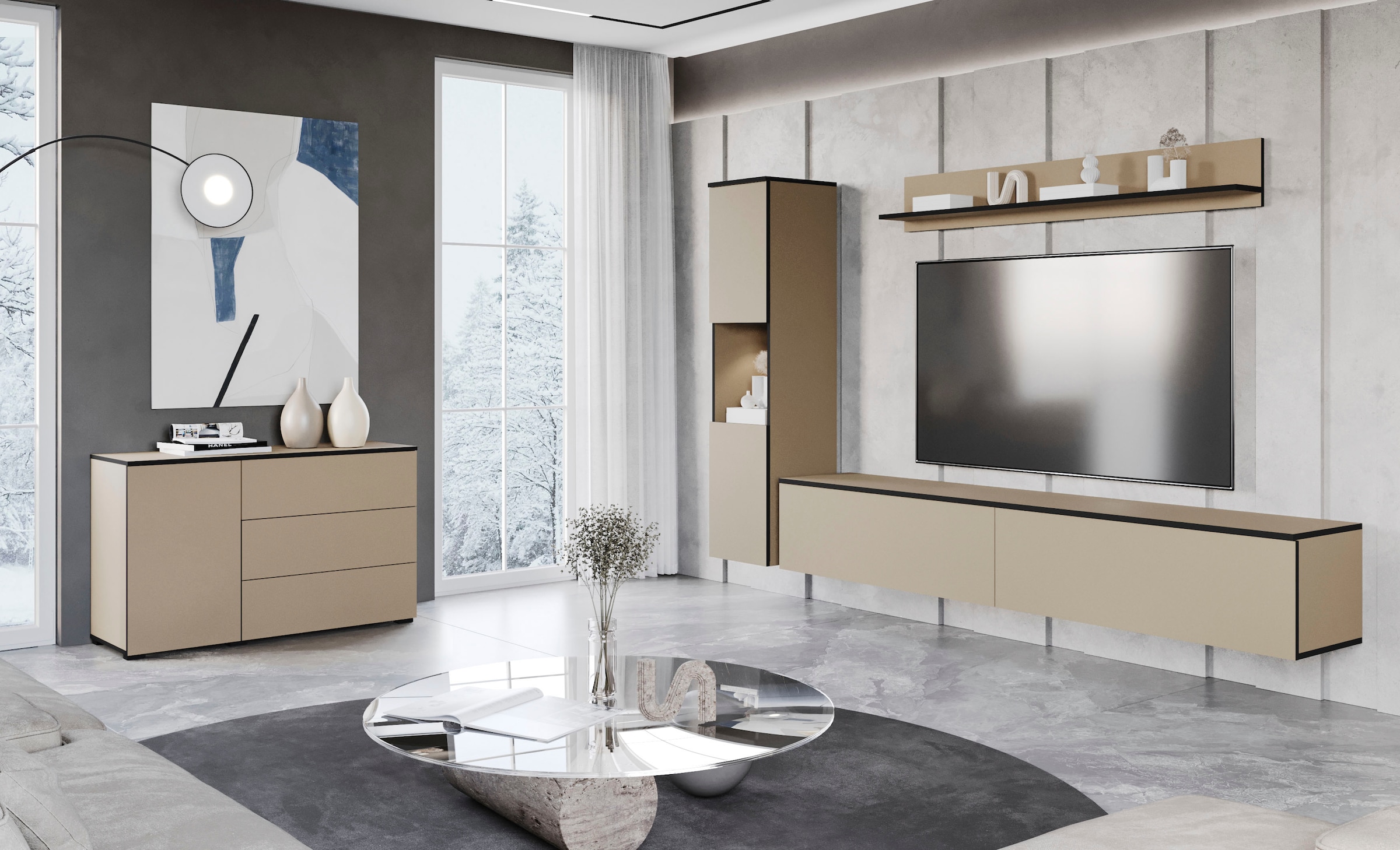 INOSIGN Wohnwand »PARIS«, (Komplett-Set, 3 St.), TV-Wand 220cm breite, grifflose Design, stehend und hängend montierbar