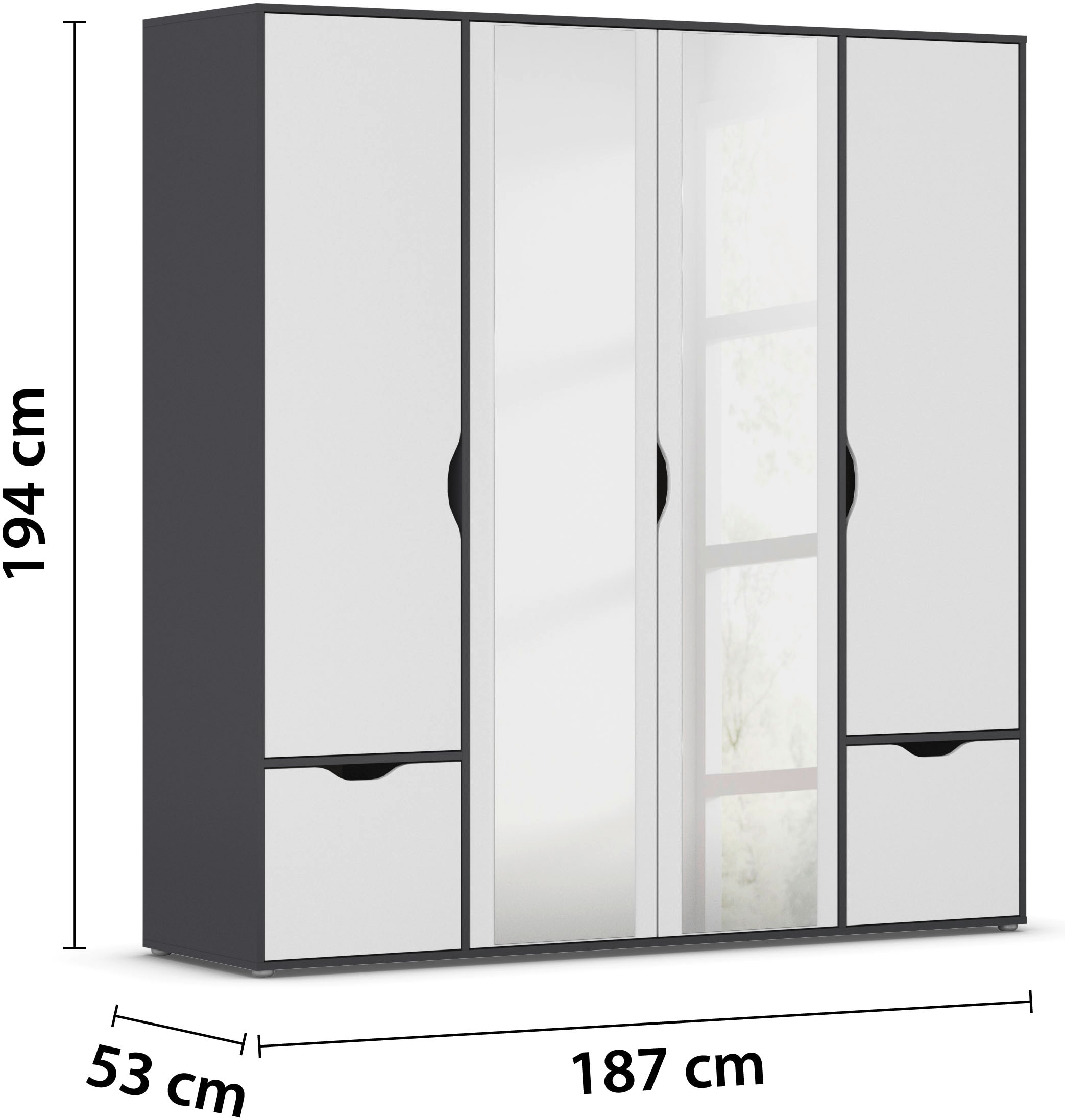 rauch Drehtürenschrank »Kleiderschrank Schrank Garderobe Wäscheschrank NARAI mit Schubladen«, (in 3 verschiedenen Ausstattungen BASIC/CLASSIC/PREMIUM), Griffausfräsungen für eine grifflose Optik TOPSELLER MADE IN GERMANY
