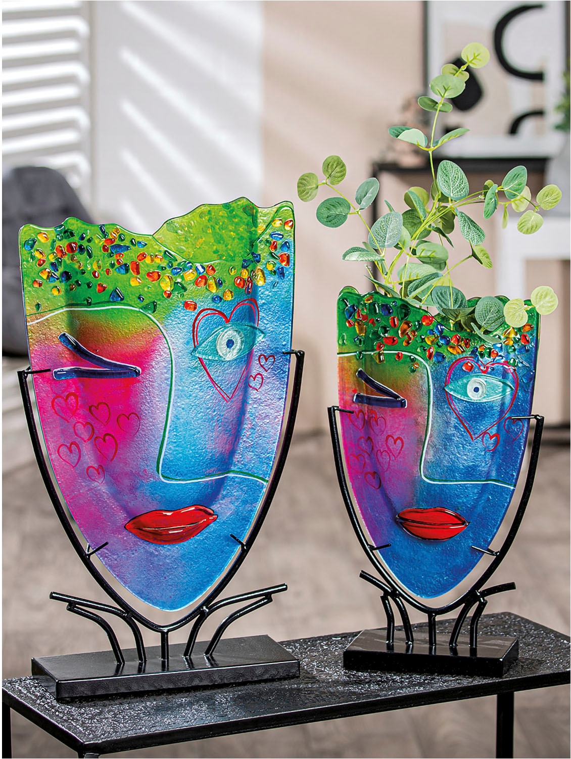 Casablanca by Gilde Dekovase »Glasart ovale Designvase Face "Twinkle", Höhe ca. 38,5 cm«, (1 St.), aus Metall und Glas, Metallfuss schwarz lackiert