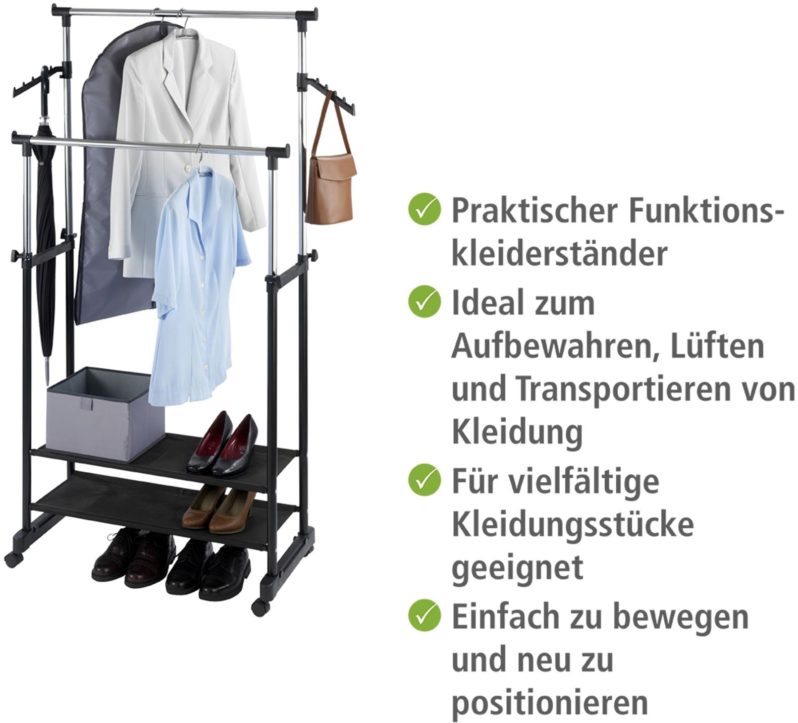 WENKO Kleiderständer »Modell All Inn«, Garderobenständer mit 2 Ablagen und 2 Kleiderstangen, höhenverstellbar