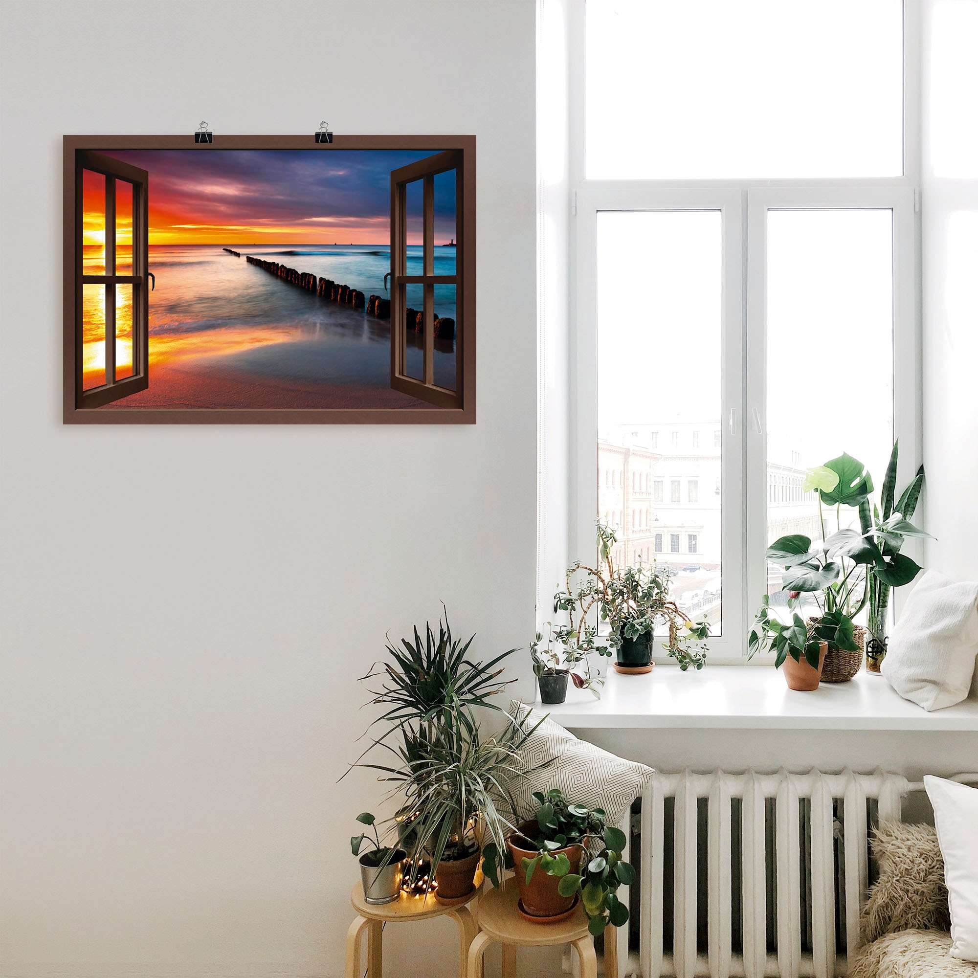 Artland Wandbild »Fensterblick Ostsee mit Sonnenaufgang«, Fensterblick, (1 St.), als Leinwandbild, Poster, Wandaufkleber in verschied. Größen