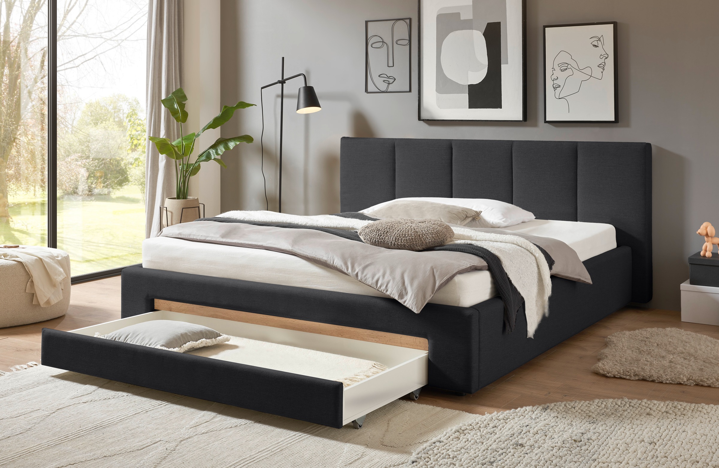 INOSIGN Polsterbett »CiTY/GiRON, Bettgestell mit Bettkasten, gepolstertes Stauraumbett«, mit Hundebett oder Stauraumschublade, Bezug Cord-oder Leinenoptik