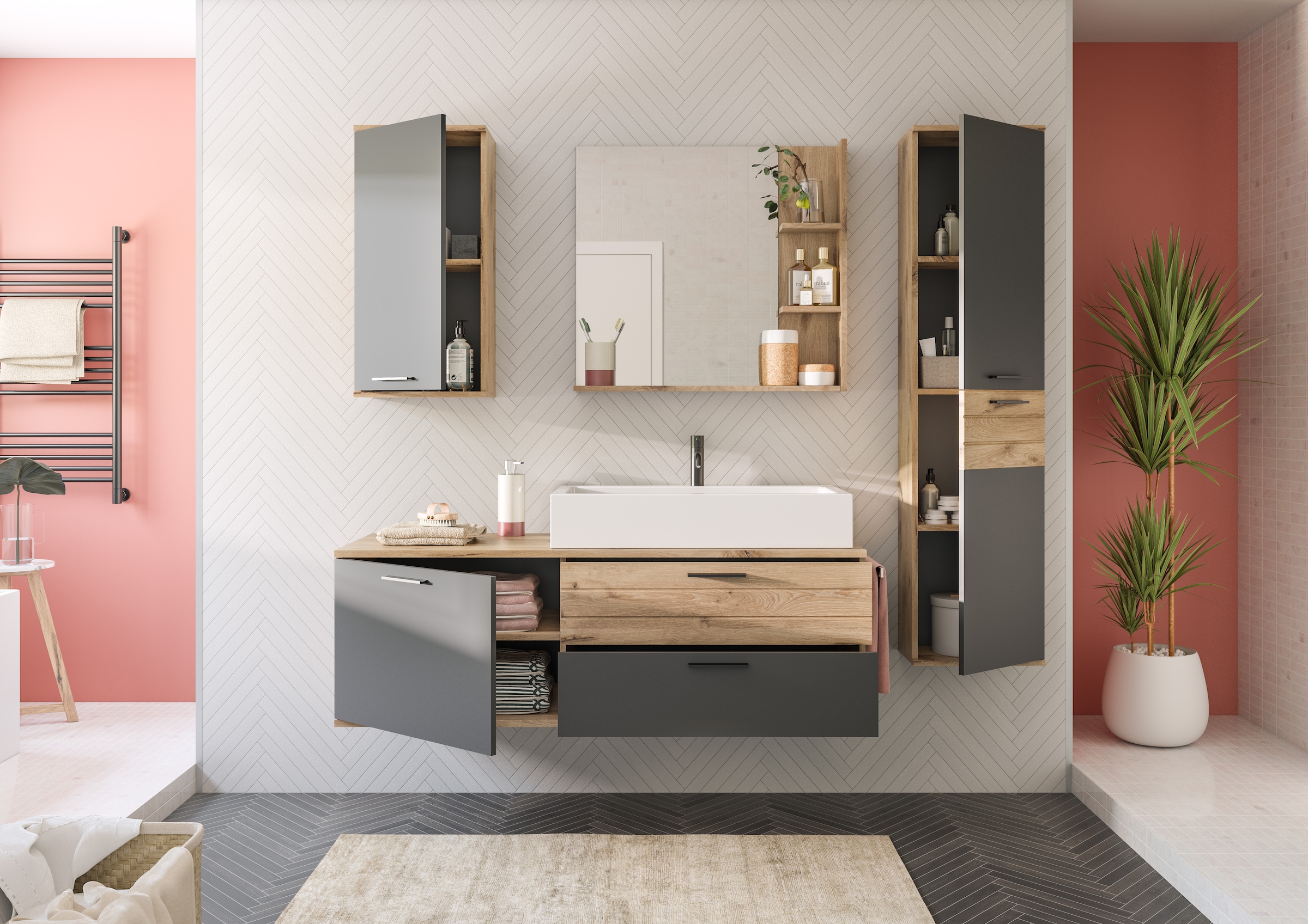INOSIGN Badmöbel-Set »Riga, 3 teilig, inklusive Keramik-Aufsatzwaschbecken, bestehend aus:«, (Set, 3 St.), Waschtisch-Set, Hängeschrank, Badspiegel
