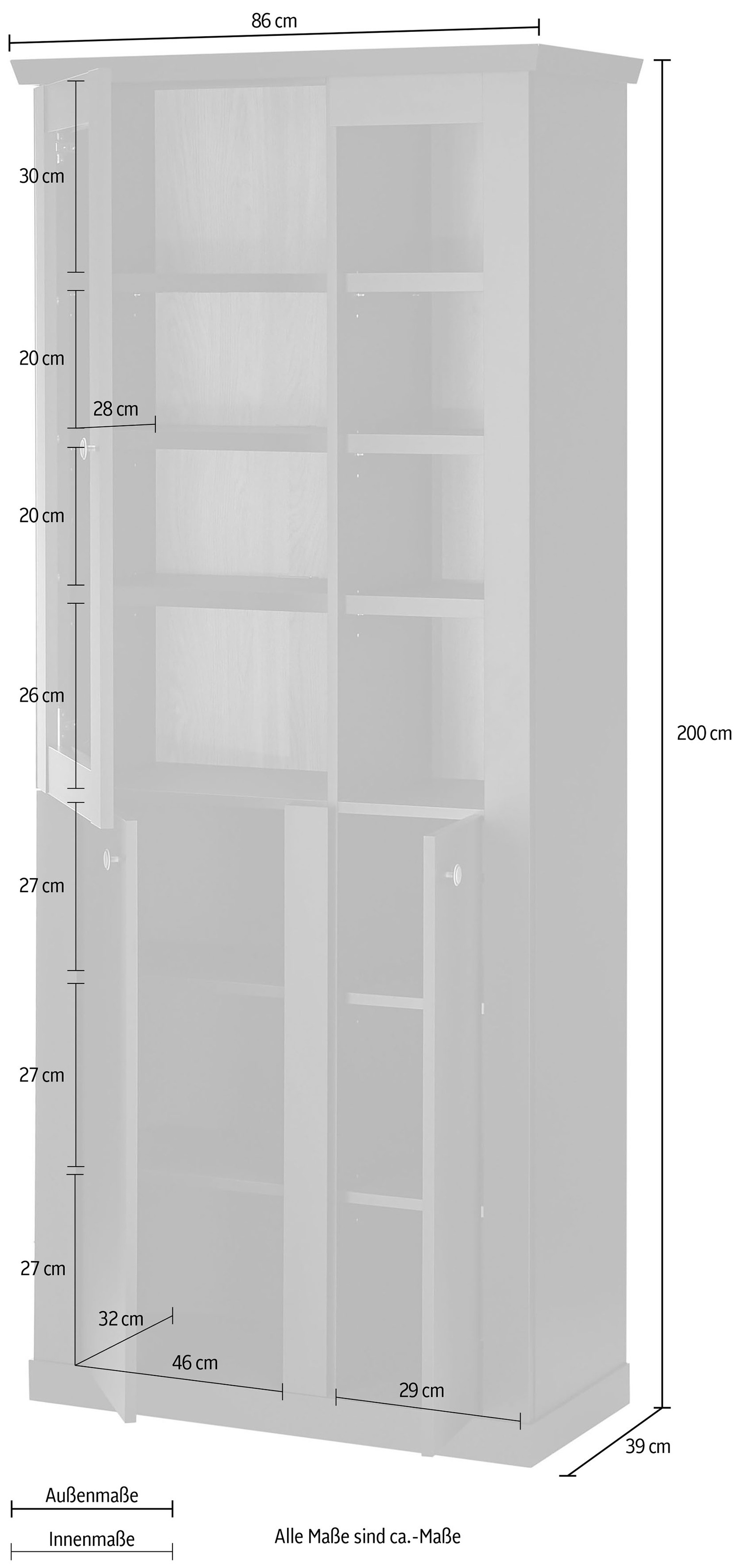 Home affaire Vitrine »Lincoln, Hochschrank im Landhausstil, moderne Glasvitrine« edles Design, messingfarbene Knopfgriffe, vielseitig einsetzbar
