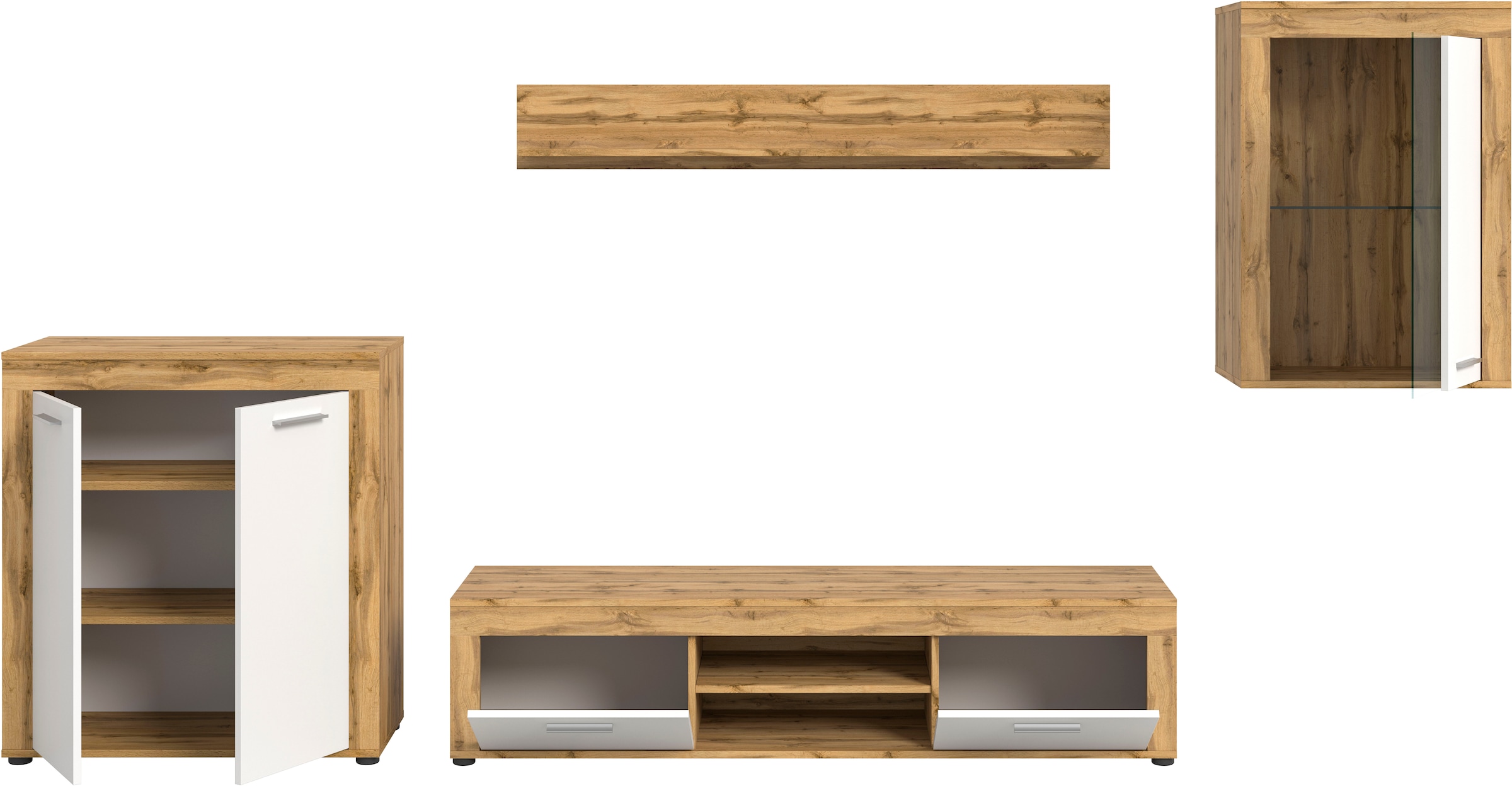 INOSIGN Wohnwand »Aosta, 4-tlg., best. aus: Highboard, Lowboard, Wandboard & Vitrine«, (4 St.), Wohnwand, Kombination, Anbauwand, Möbel Set, Schrankwand, Möbel Kombi