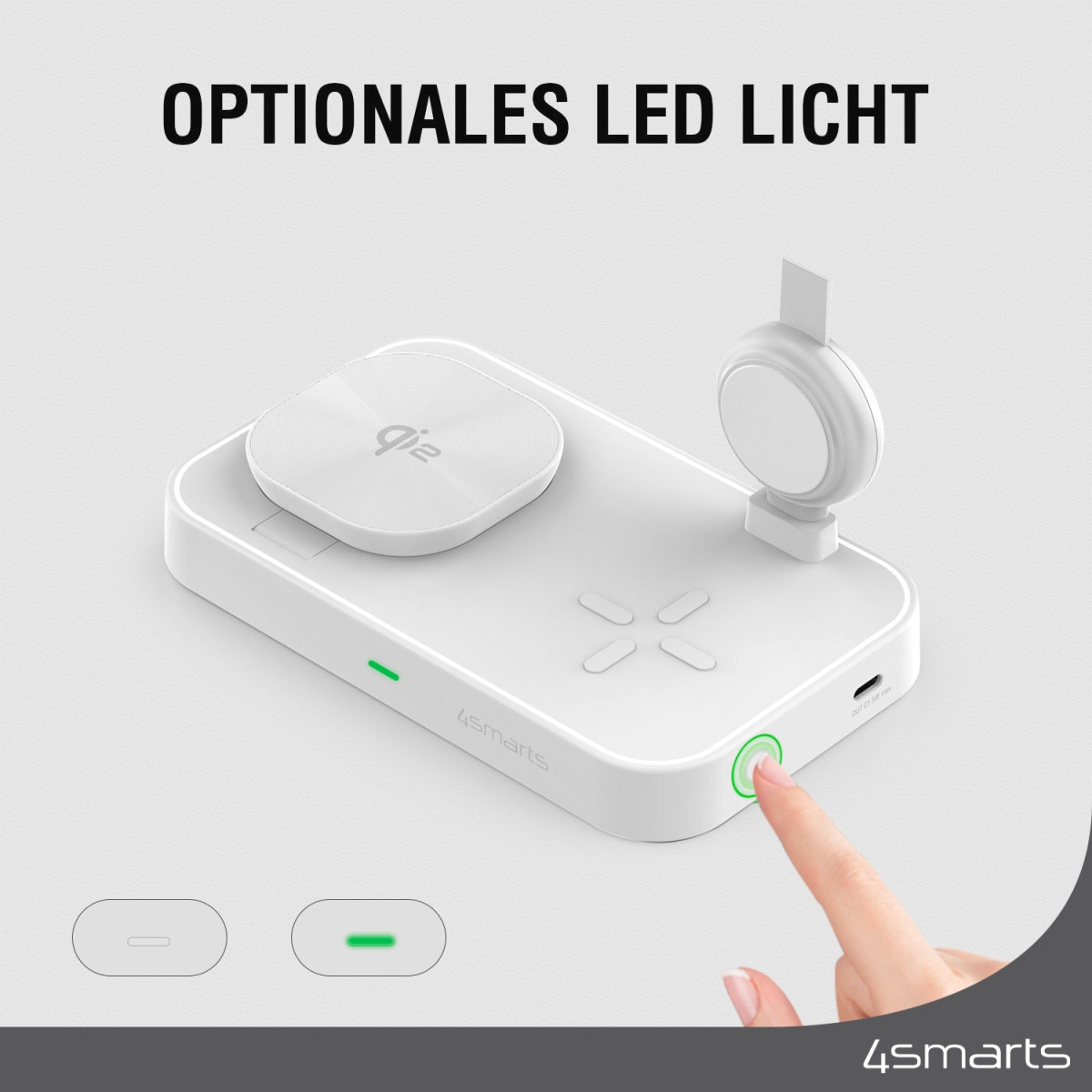 4smarts Wireless Charger »Qi2 Ladestation Trident mit MFi Fast Charger«, für Apple iPhone, Watch 1/2/3/4/5/6/7/8/9/SE, Ultra, Ultra 2 und iPods
