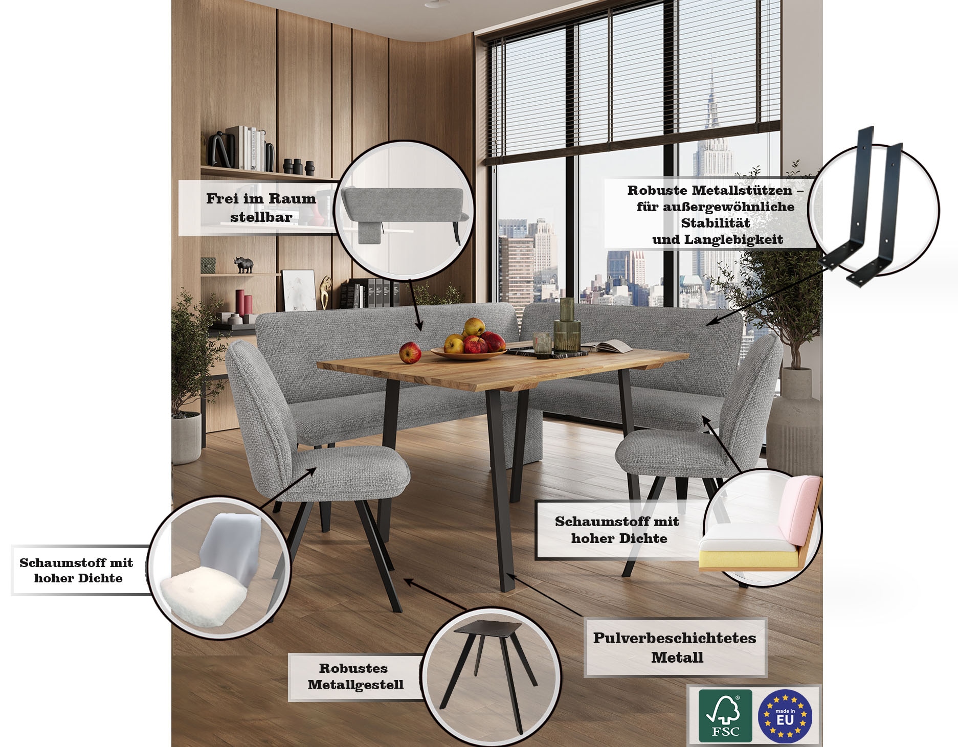 Home affaire Eckbank »Mily Küchenbank, Polsterbank, Esszimmerbank, 205x164 cm«, Moderne Bank und Farben, Sitzplatzanzahl: 5, Frei in Raum stellbar
