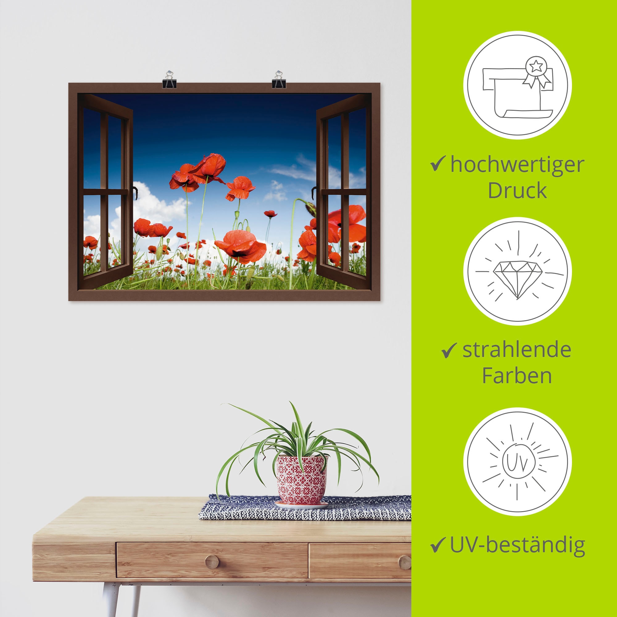 Artland Poster »Fensterblick Feld mit Mohnblumen, braun«, Fensterblick, (1 St.), als Leinwandbild, Wandaufkleber oder Poster in versch. Größen