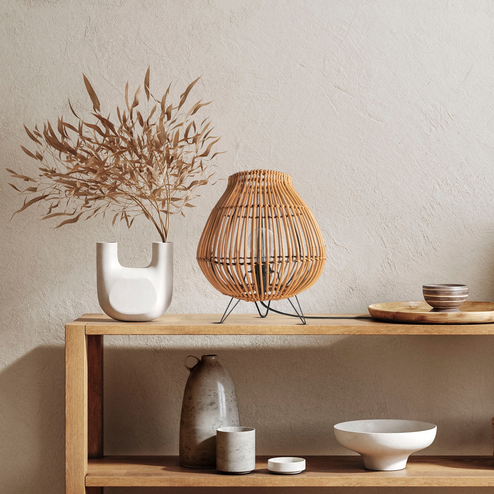 Paco Home Tischleuchte »PURI«, Leuchtmittel E27 | ohne Leuchtmittel, Rattan Korblampe Nacht LED Dreibein Boho E27