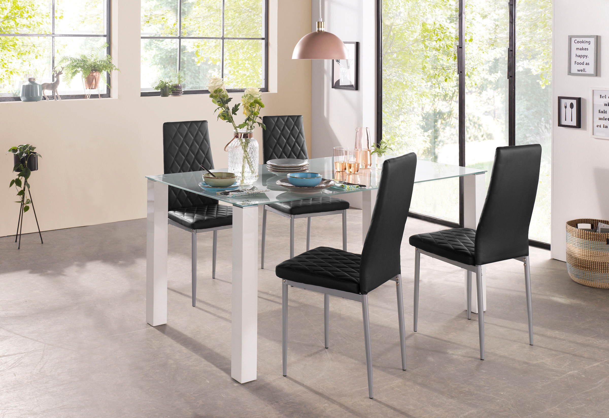 INOSIGN Essgruppe, (Set, 5 Glastisch, bei verschiedene 160 kaufen Farbvarianten OTTO tlg.), Stuhlbezüge der breiter cm