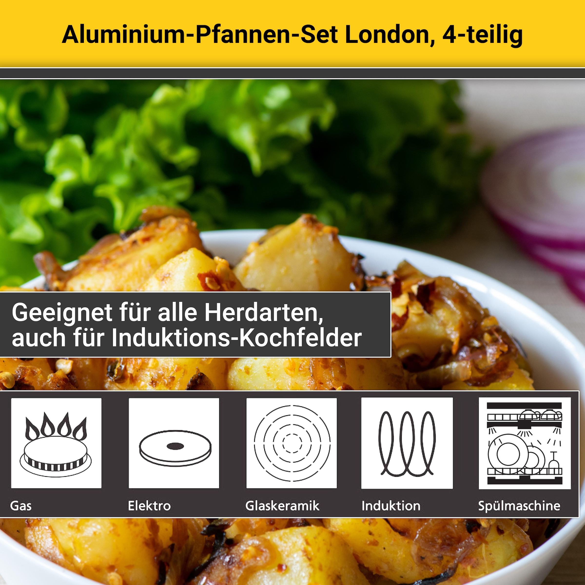 Krüger Pfannen-Set »Aluminium Pfannenset London, 4 tlg.«, Aluminium, (Set, 4 tlg., je 1 Bratpfanne Ø 20 /24 / 28 cm, 1 Pfannenwender), für Induktions-Kochfelder geeignet