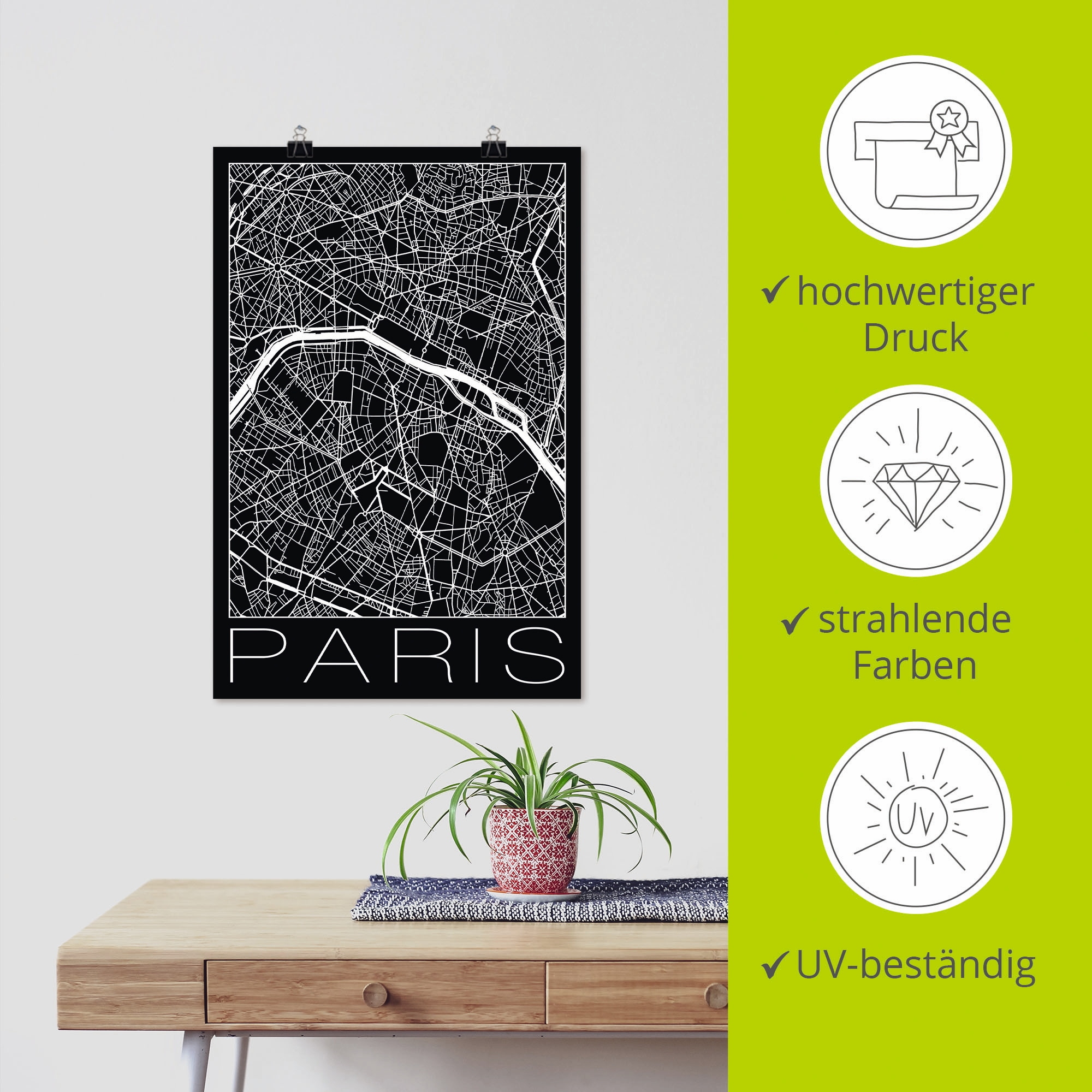 Artland Poster »Retro Karte Paris Frankreich Schwarz«, Frankreich, (1 St.), als Alubild, Leinwandbild, Wandaufkleber oder Poster in versch. Größen
