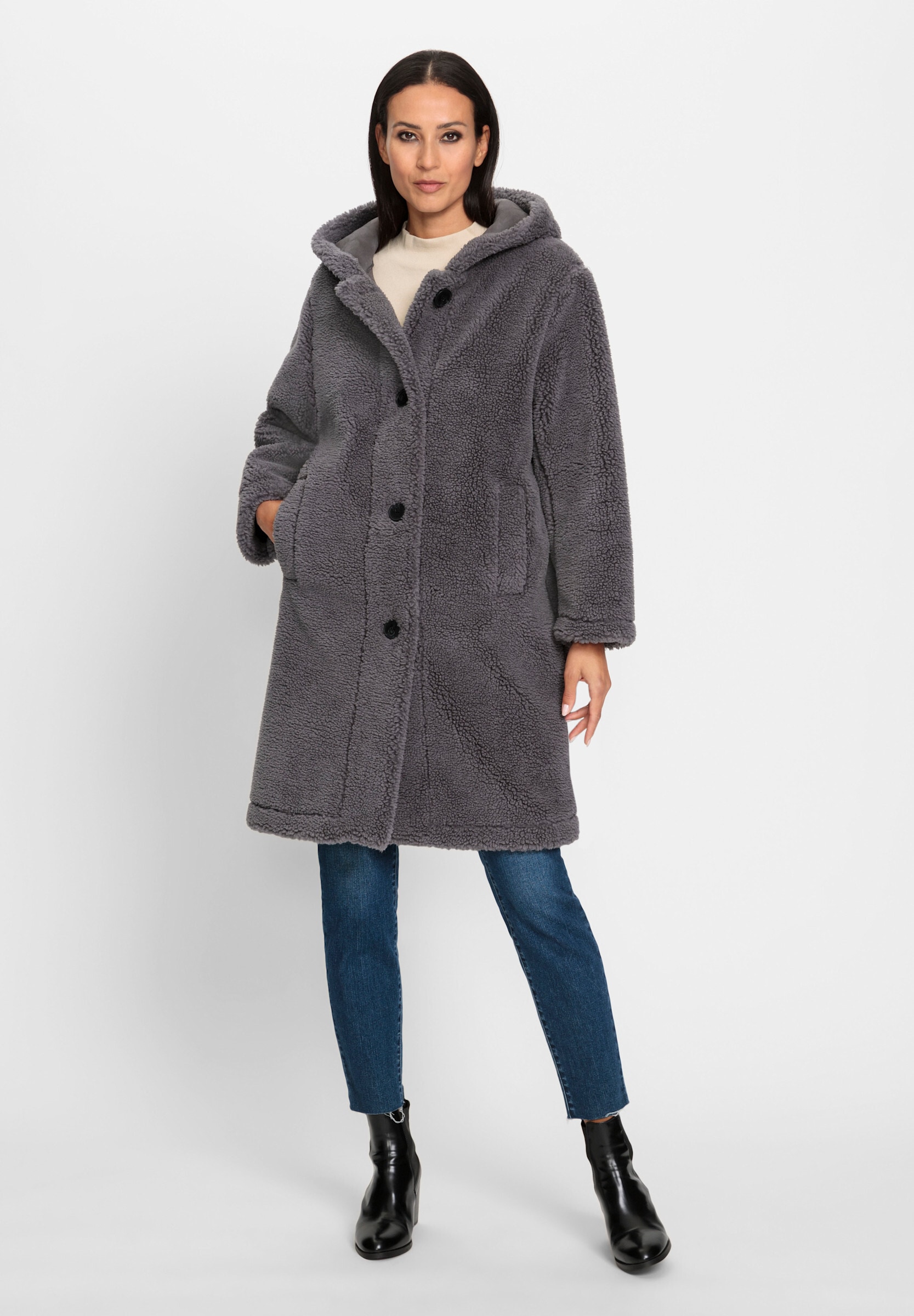 heine Langjacke »Mantel Fleecemantel mit Knopfleiste« mit Kapuze