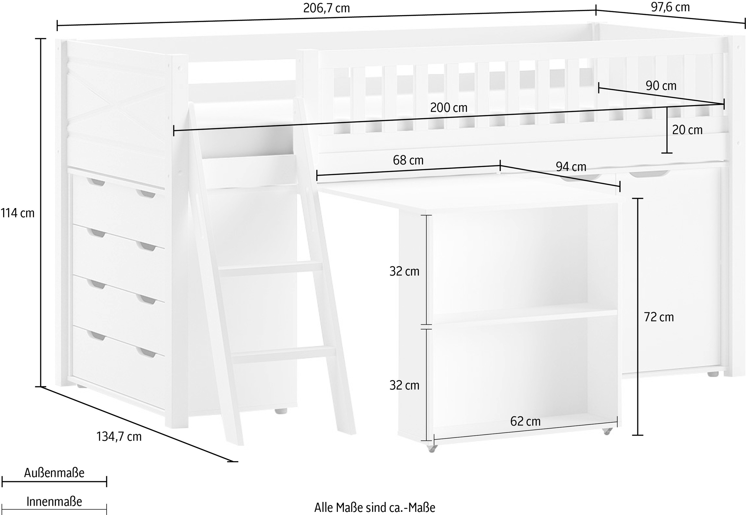 Vipack Spielbett, (Made in Europe), mit viel Funktion auf kleinem Raum, LF 90x200 cm, Kiefer weiß lackiert