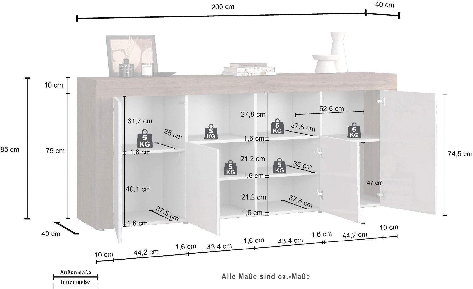 INOSIGN Sideboard »CHRONOS Breite 200 cm  mit 4 Türen, 2 offene und 8 geschlossene Fächer« 1 Stk. tlg. Sideboard,Kommode, Schrank, Grifflos mit Push to Open, Made in Italy