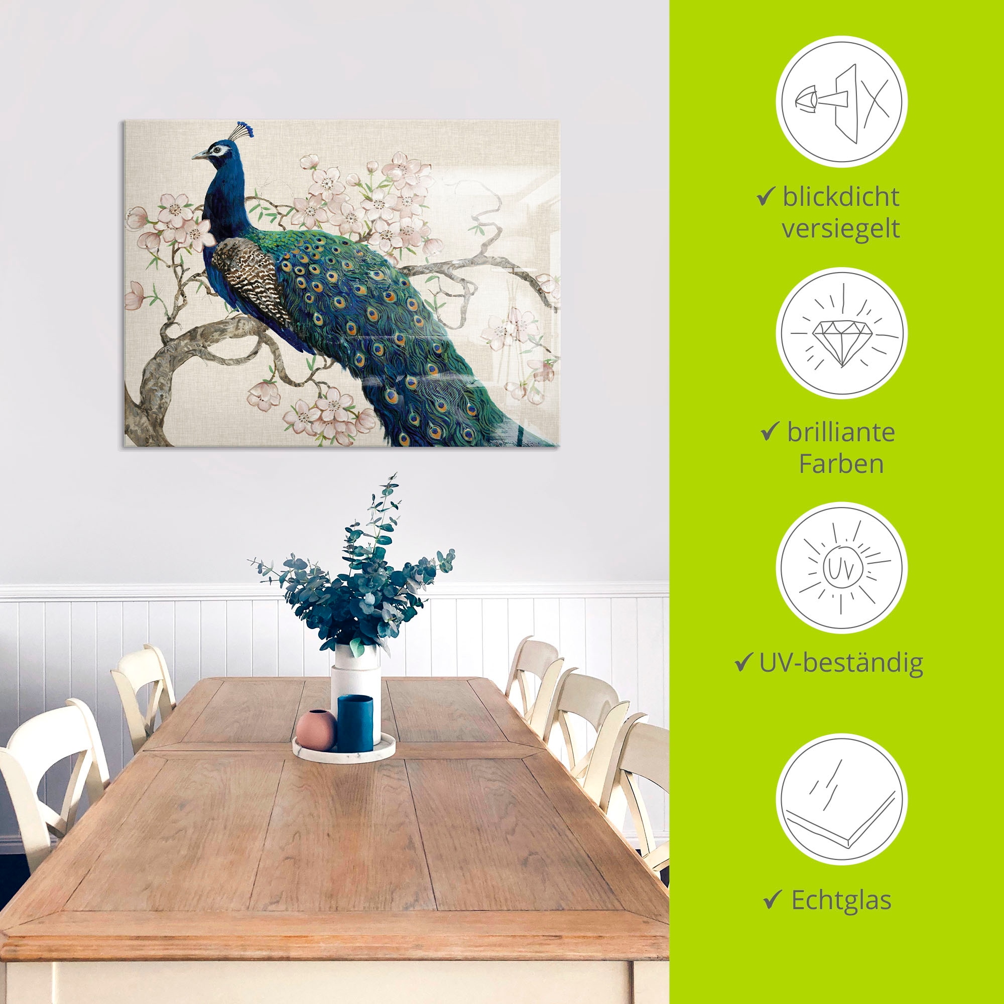 Artland Glasbild »Pfau & Blüten II«, Vögel, (1 St.), in verschiedenen Größen