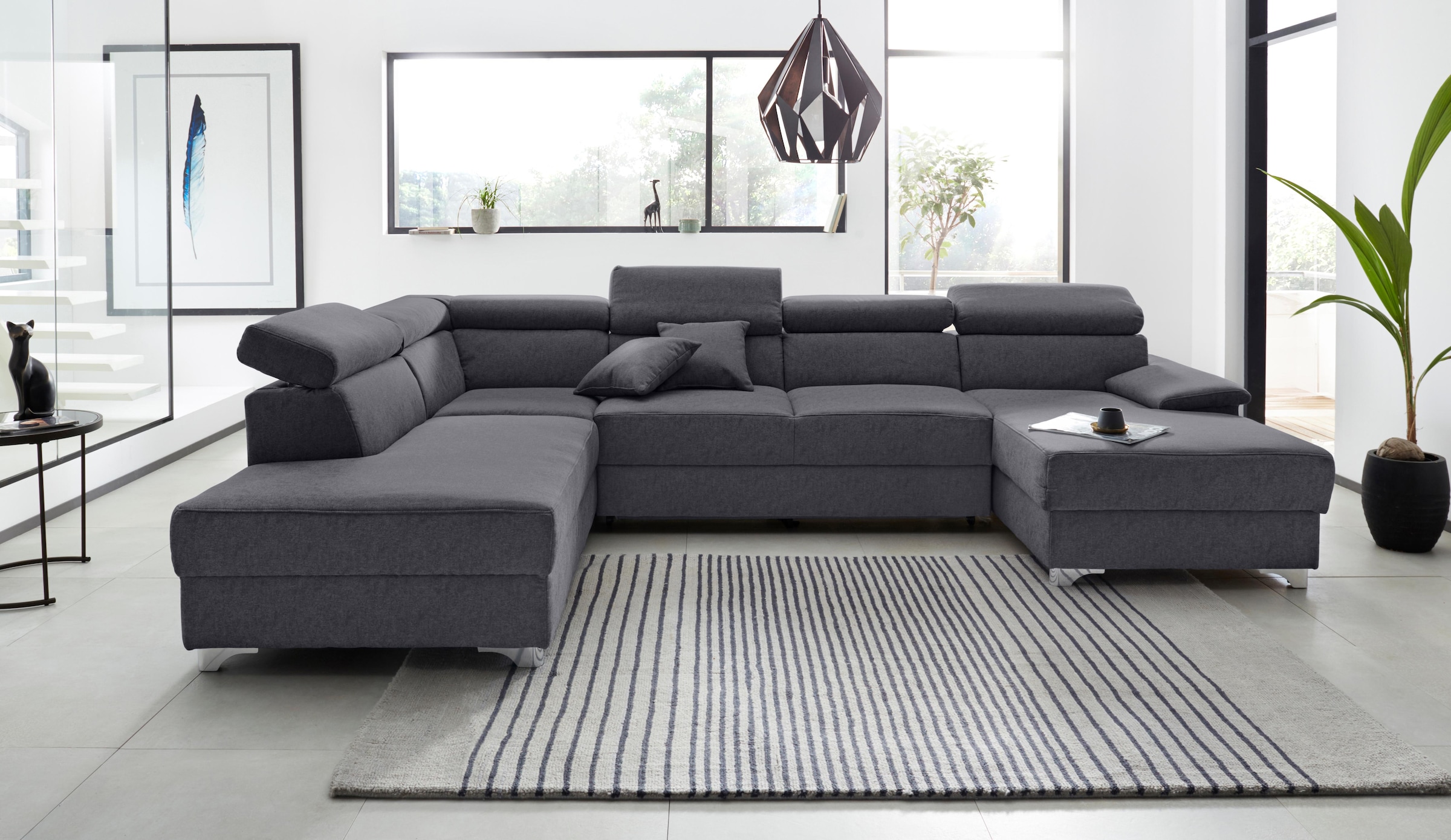 DOMO collection Wohnlandschaft »Mira, inklusive Kopfteilverstellung für mehr Wohlfühlkomfort, U-Form«, wahlweise mit Bettfunktion und Bettkasten, elegant und modern