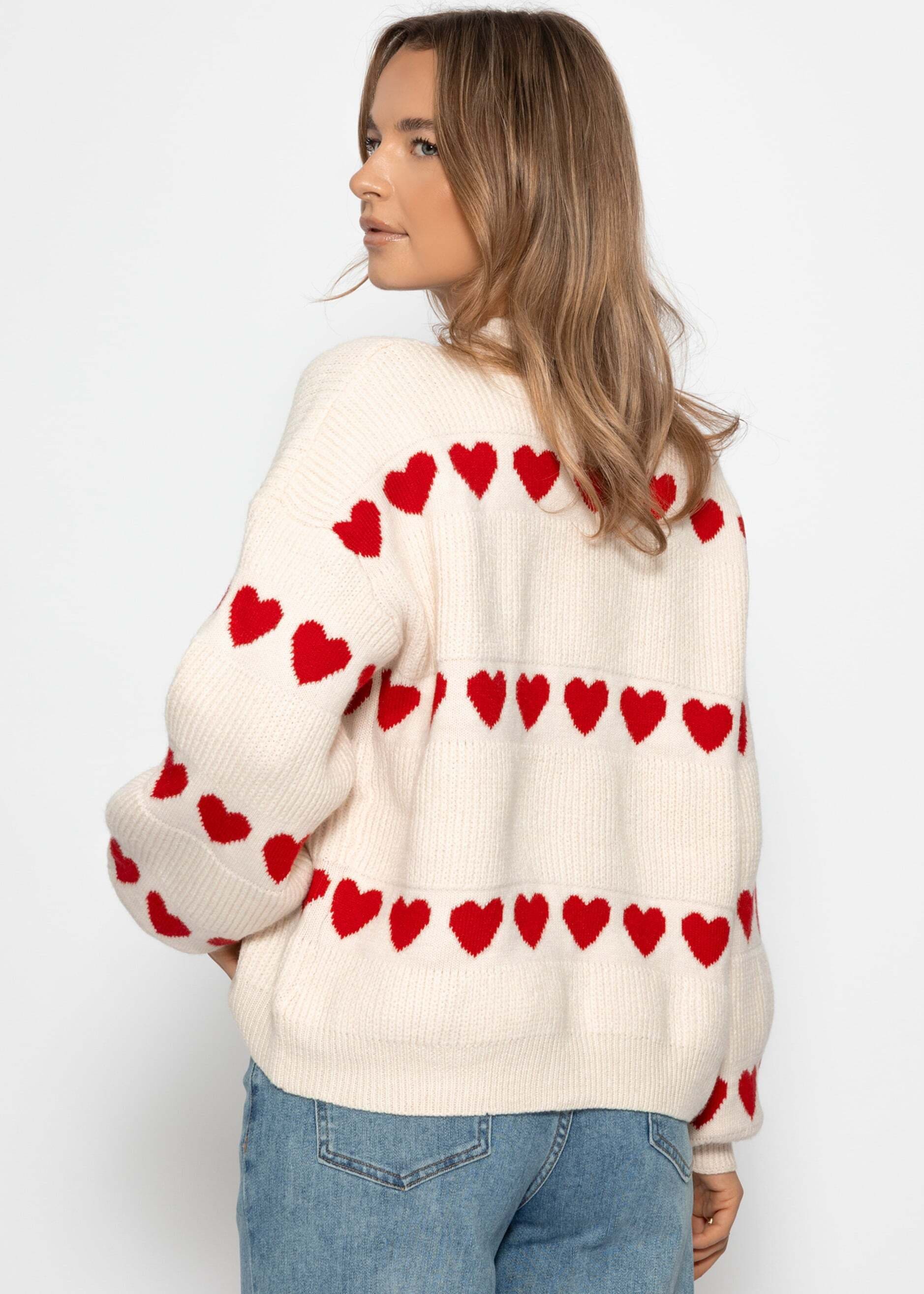 SASSYCLASSY Strickpullover »Oversize Pullover mit roten Herzen« Weicher Strickpullover mit Wollanteil und Rundhalsausschnitt Offwhite