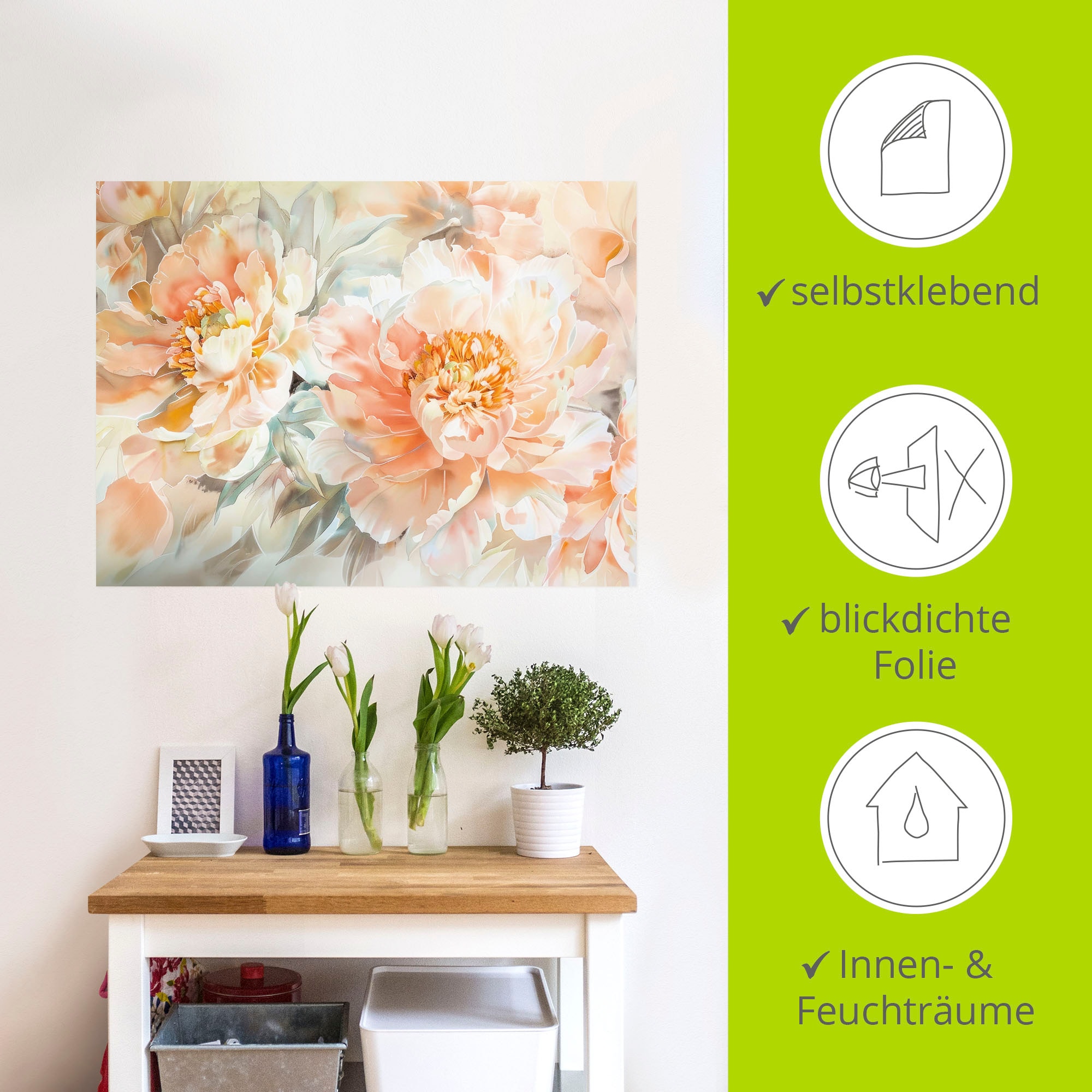 Artland Wandbild »Pfirsisch Farbene Pfingstrosen Aquarell« Blumenbilder 1 Stk. tlg. als Alubild, Leinwandbild, Poster, Wandaufkleber in verschied. Größen