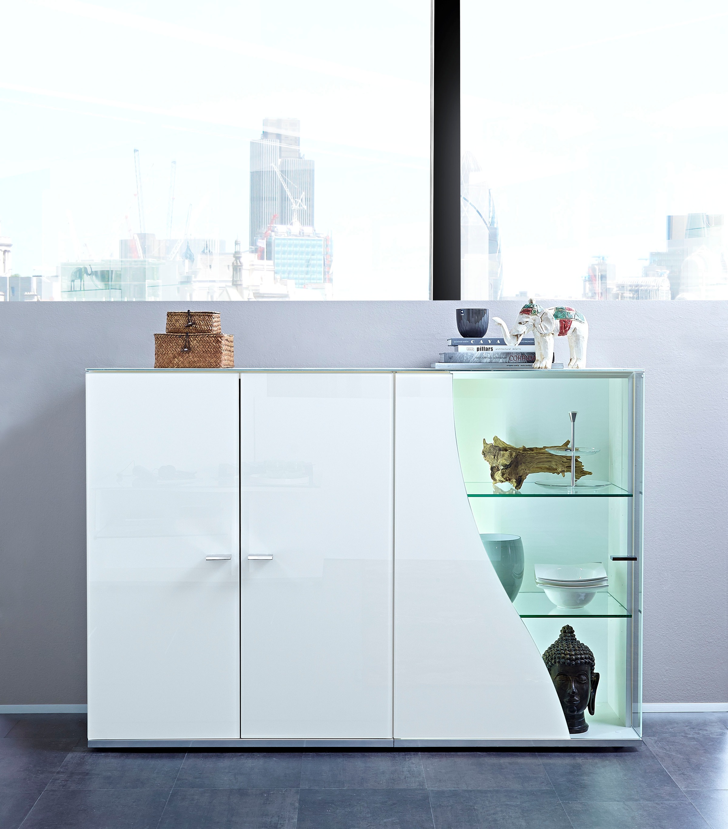 LEONARDO Sideboard »CURVE«, mit Vitrine, Innenfarbe Lack weiß, Breite 145 cm
