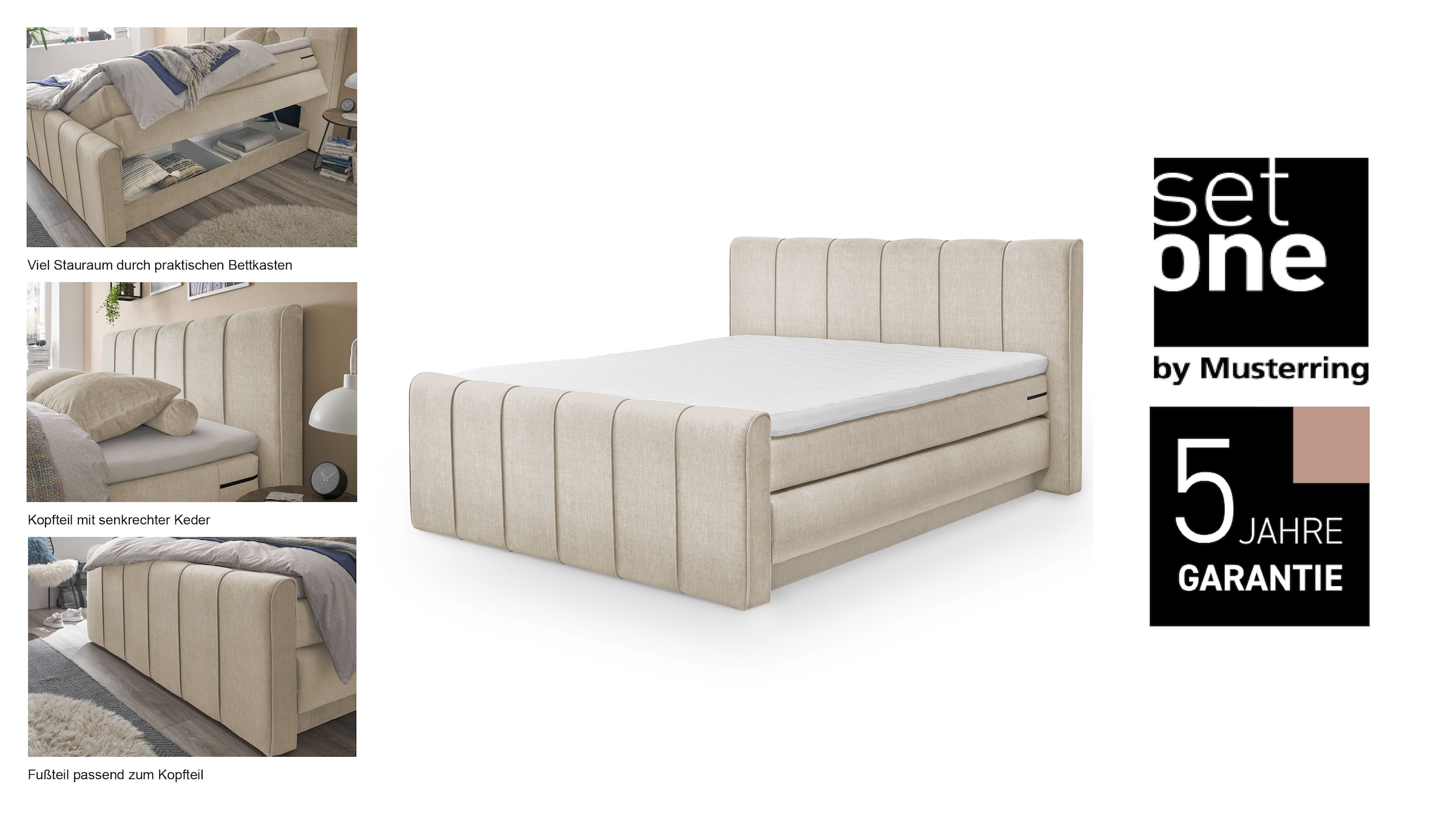 set one by Musterring Boxspringbett »Fairfield«, mit Bettkasten, Kopfteil mit Keder, Breite 160 cm oder 180 cm