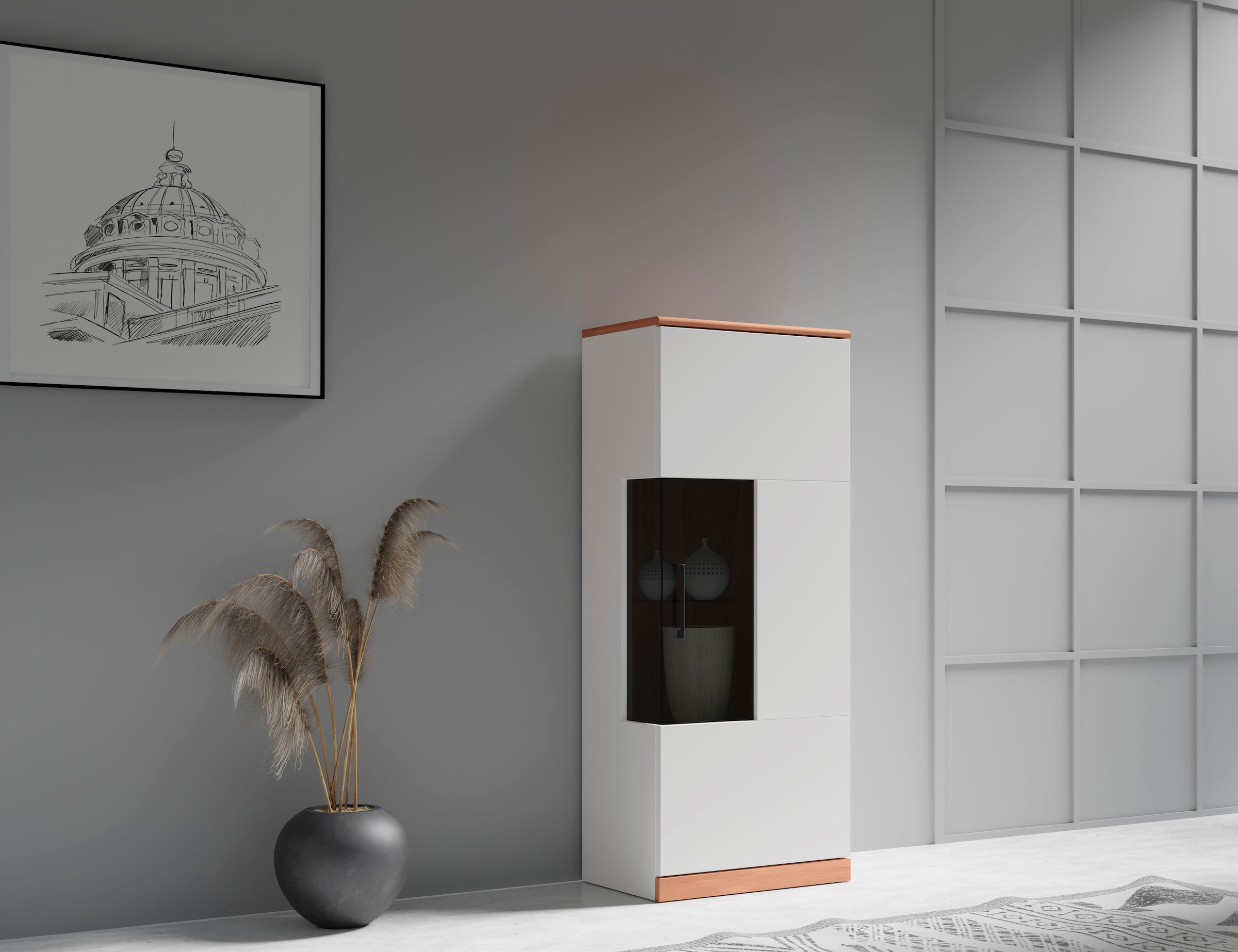 Home affaire Vitrine »RIBE75, 1Glasboden variabel, dunkles gehärtetes Glas, Trendfarbe« Oberplatte Kernbuche massiv,dunkles Glas, schwarze Metall Griffe