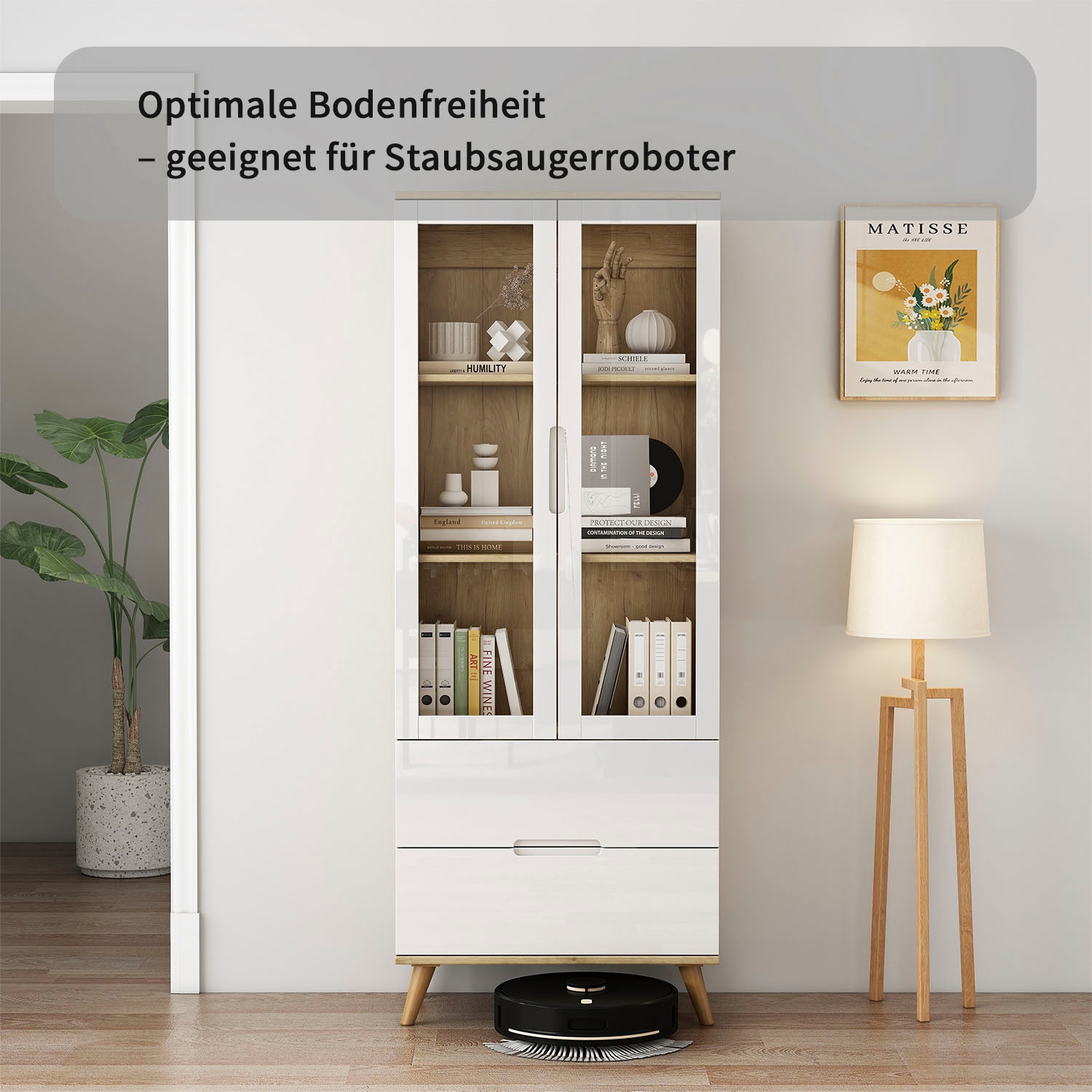 OTTO home Highboard »Lund« mit glänzenden Fronten, Glastüren, helles Holzdekor, Breite 70 cm