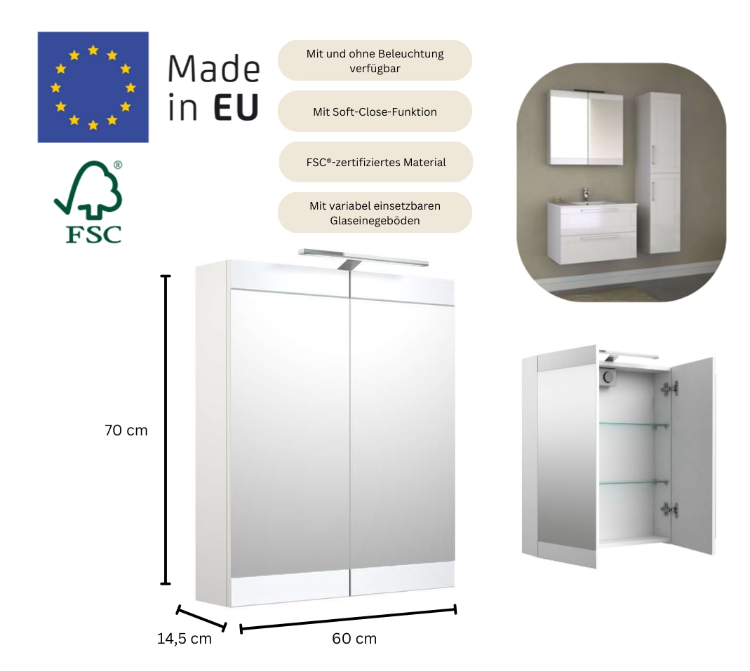 welltime Badezimmerspiegelschrank »Serena Retro« FSC®-zertifiziertes Material, Breite 61,5 cm, mit LED-Beleuchtung