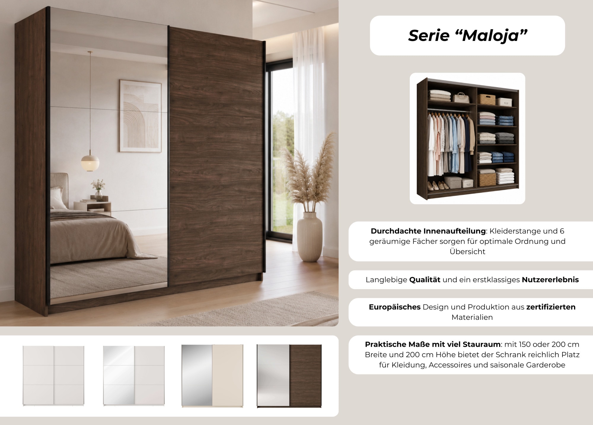 Home affaire Kleiderschrank »MALOJA modern mit viel Stauraum, Fächer & Kleiderstange, Breite 150 cm« Garderobe mit 2 Schiebetüren, mit/ohne Spiegel, erhältlich in 3 Farben